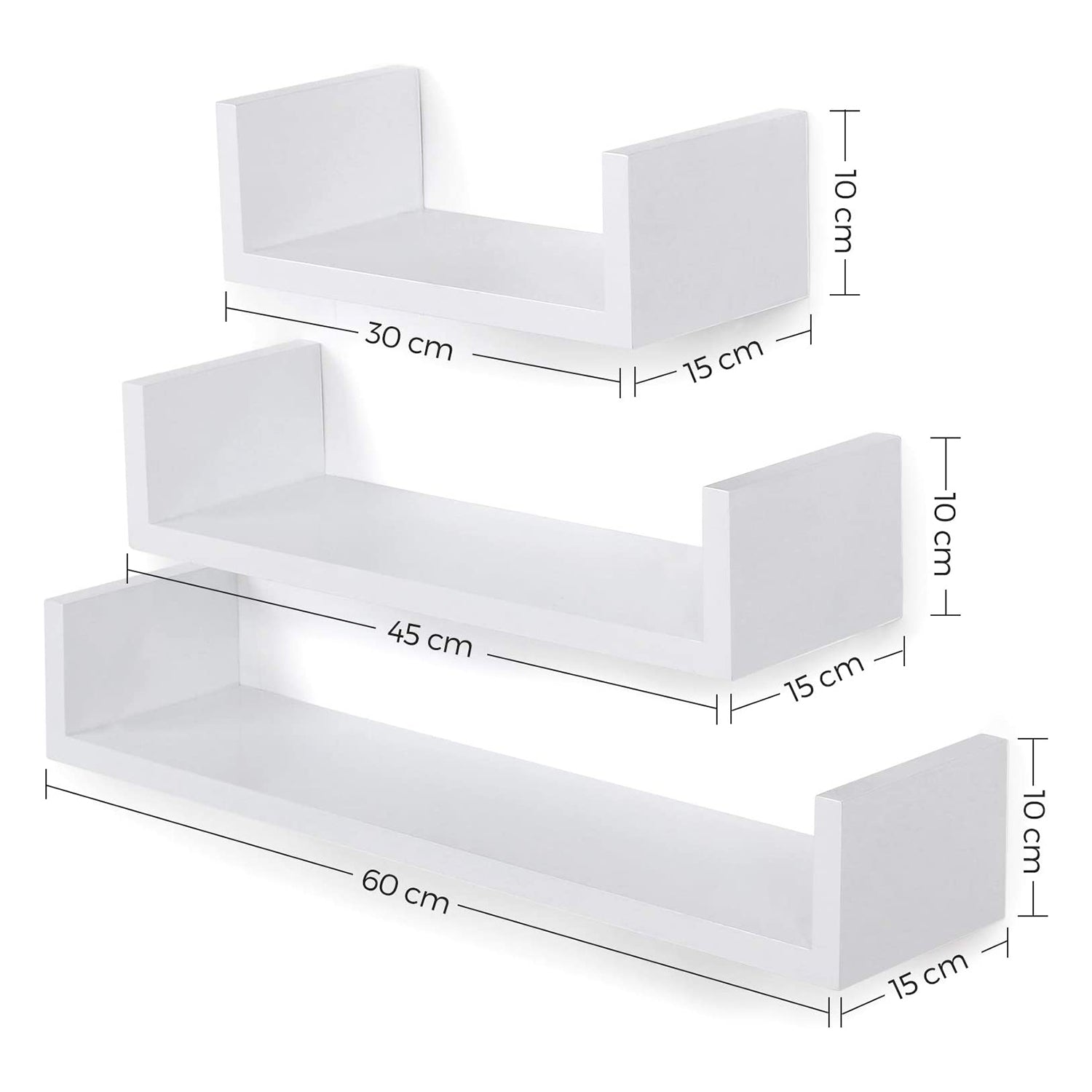 Set od 3 zidne police, plutajuće police, 30/ 45/ 60 cm, bijele | SONGMICS-vitahome.hr