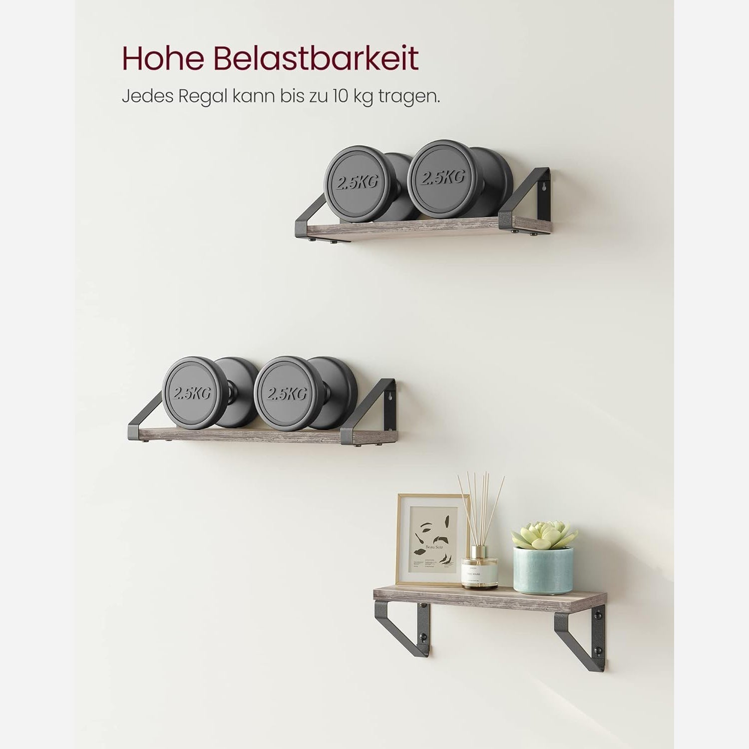 Set od 3 zidne police različitih dimenzija, 30/35/40 x 12 x 11 cm, sivo-crne | VASAGLE-vitahome.hr