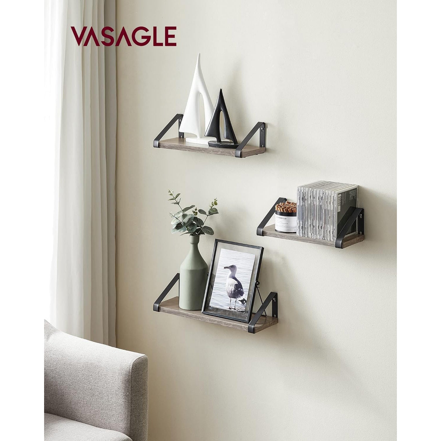 Set od 3 zidne police različitih dimenzija, 30/35/40 x 12 x 11 cm, sivo-crne | VASAGLE-vitahome.hr