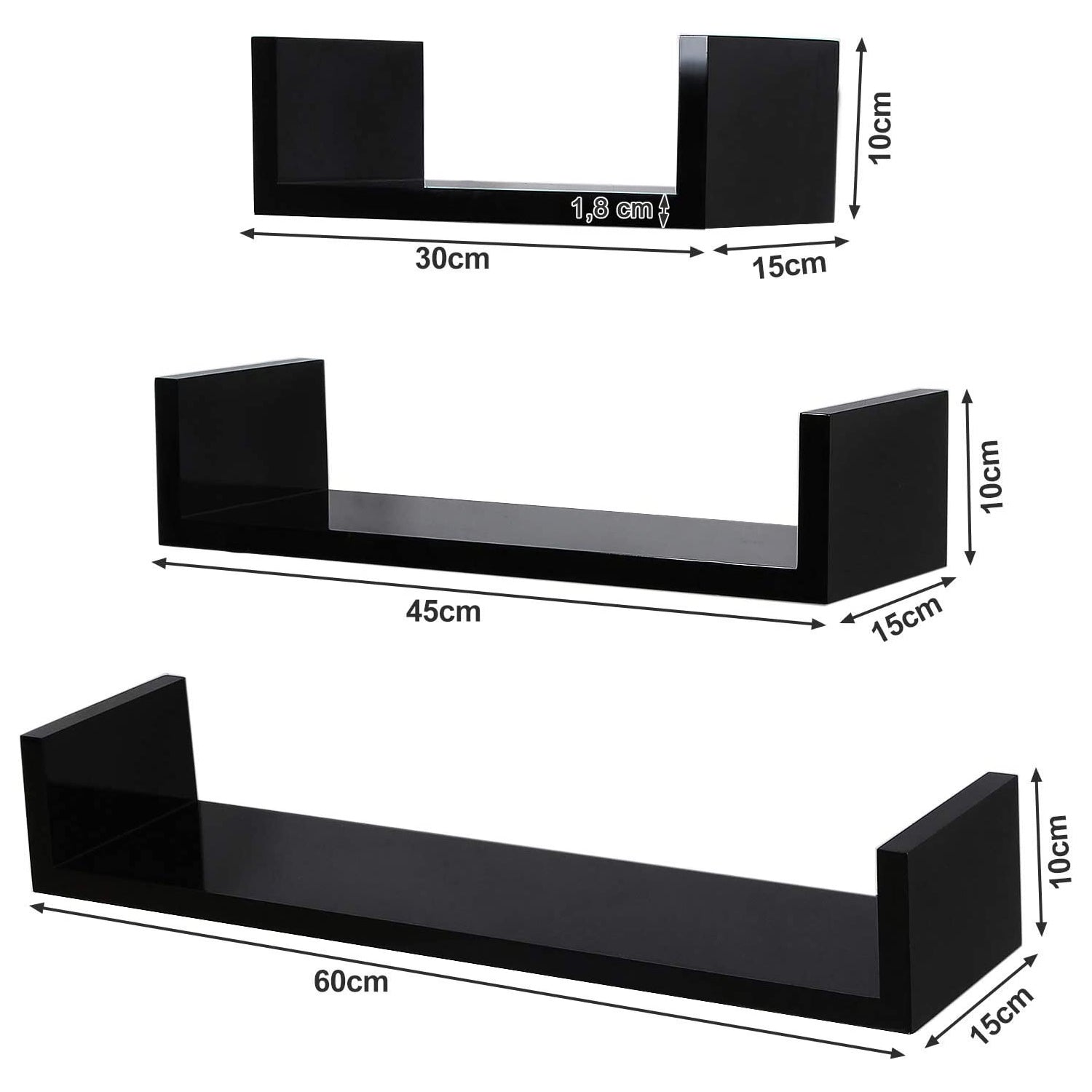 Set od 3 zidne police različitih dimenzija 30/45/60 x 10 x 15 cm, crne | SONGMICS-vitahome.hr