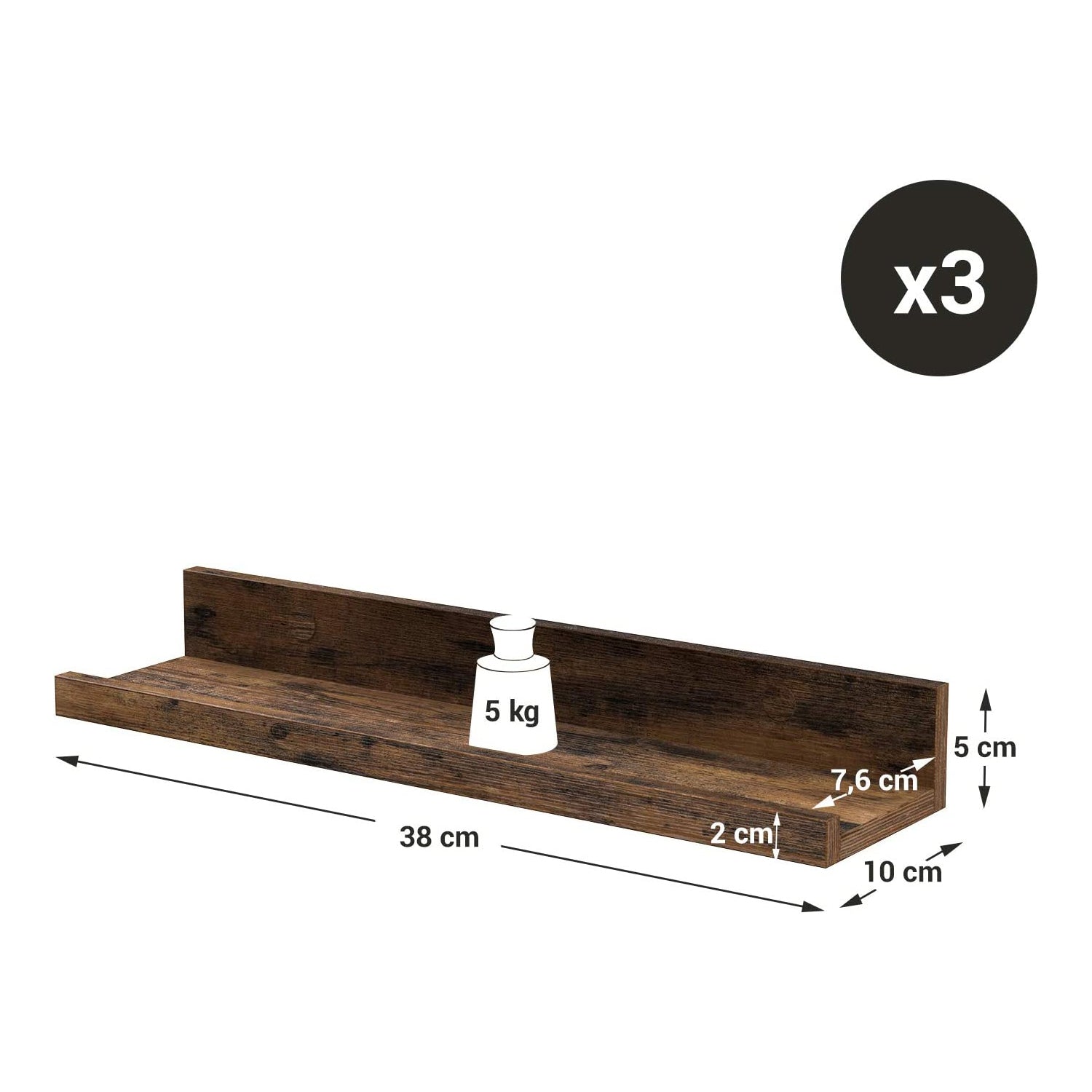 Set od 3 zidne police s povišenim prednjim rubom, 38 x 10 x 5/2 cm, smeđe | VASAGLE-vitahome.hr