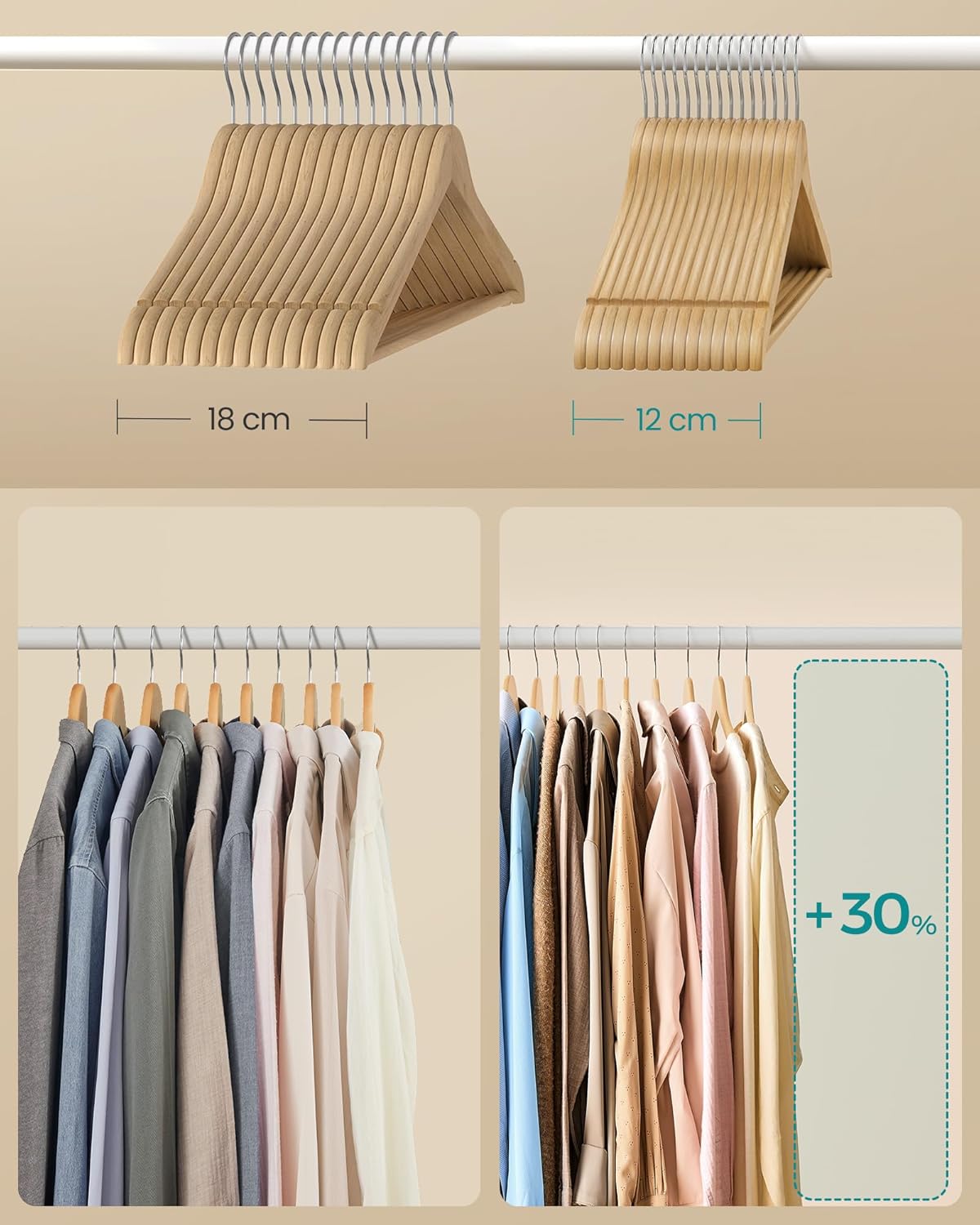 Set od 30 drvenih vješalica od breze, prirodne boje drveta | SONGMICS-SONGMICS-Vita Home