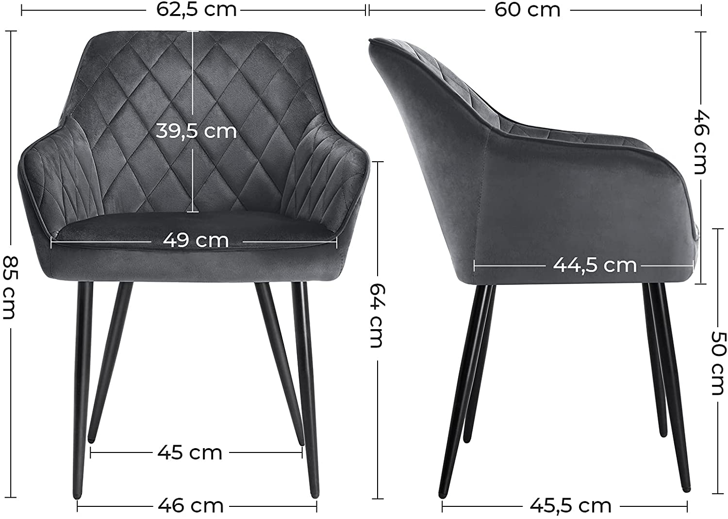 Set od 6 blagovaonskih stolica nosivosti 110 kg, 62,5 x 60 x 85 cm, sive-SONGMICS-Vita Home