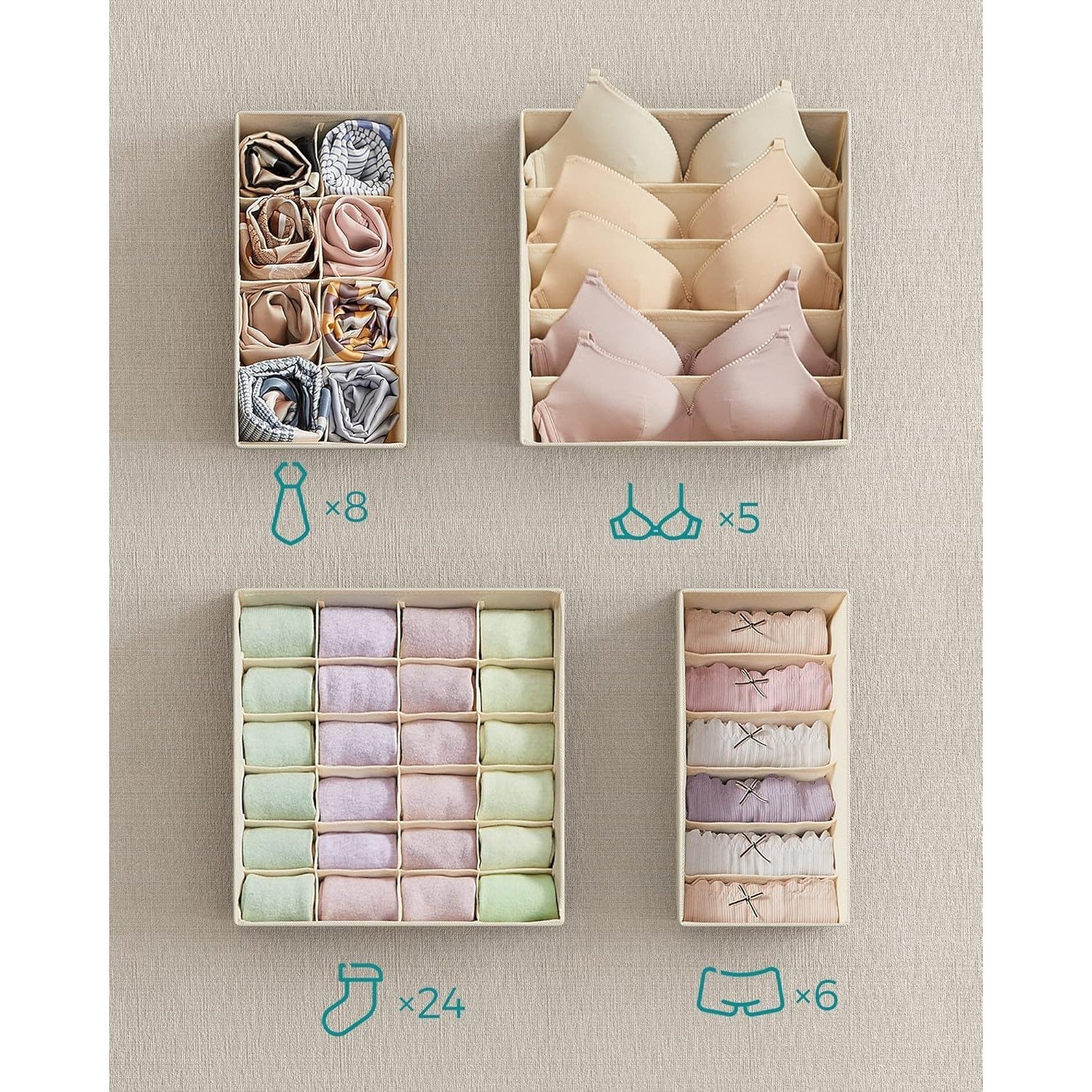 Set od 4 kutije za pohranu, organizatori ladica različitih dimenzija, bež boje | SONGMICS-vitahome.hr