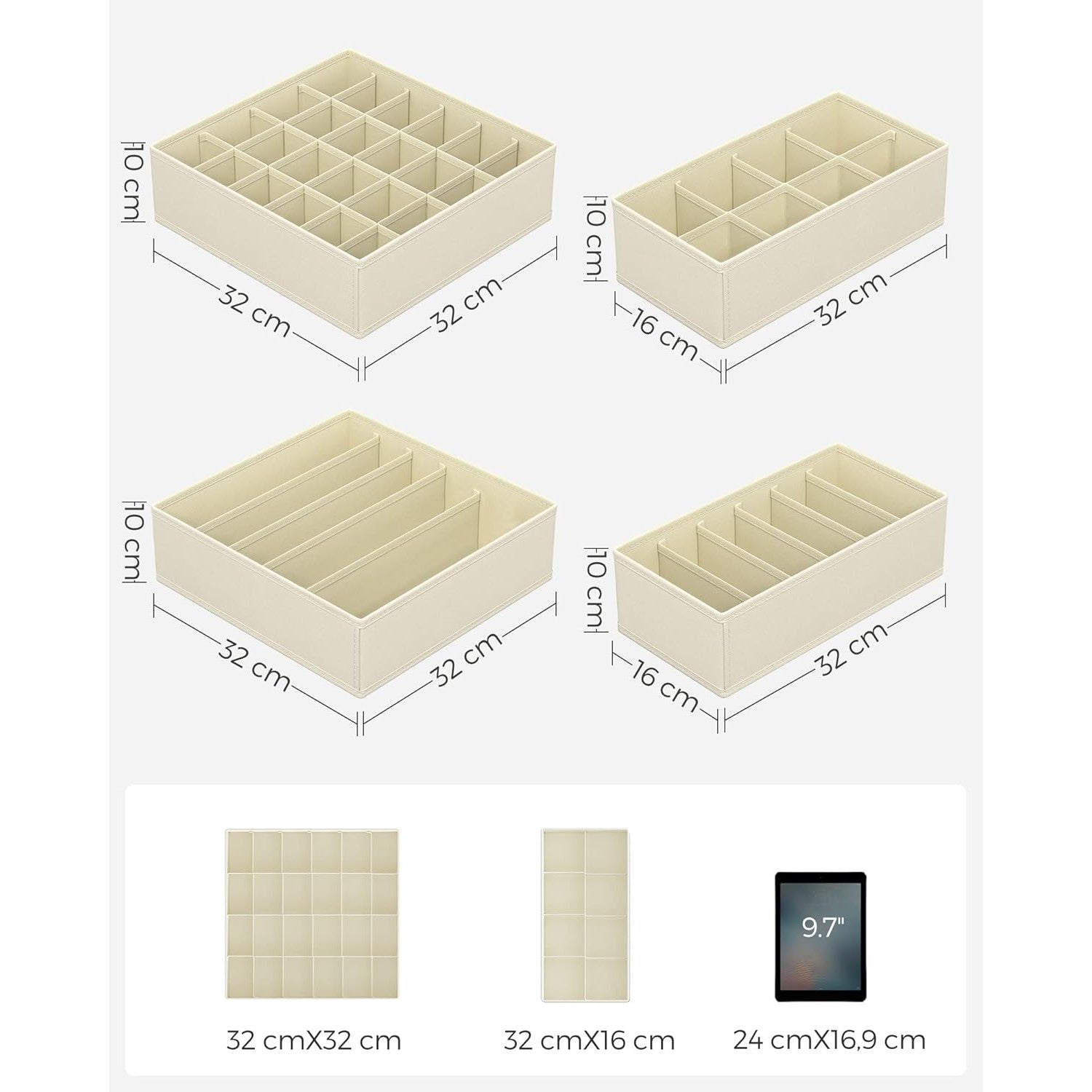 Set od 4 kutije za pohranu, organizatori ladica različitih dimenzija, bež boje | SONGMICS-vitahome.hr