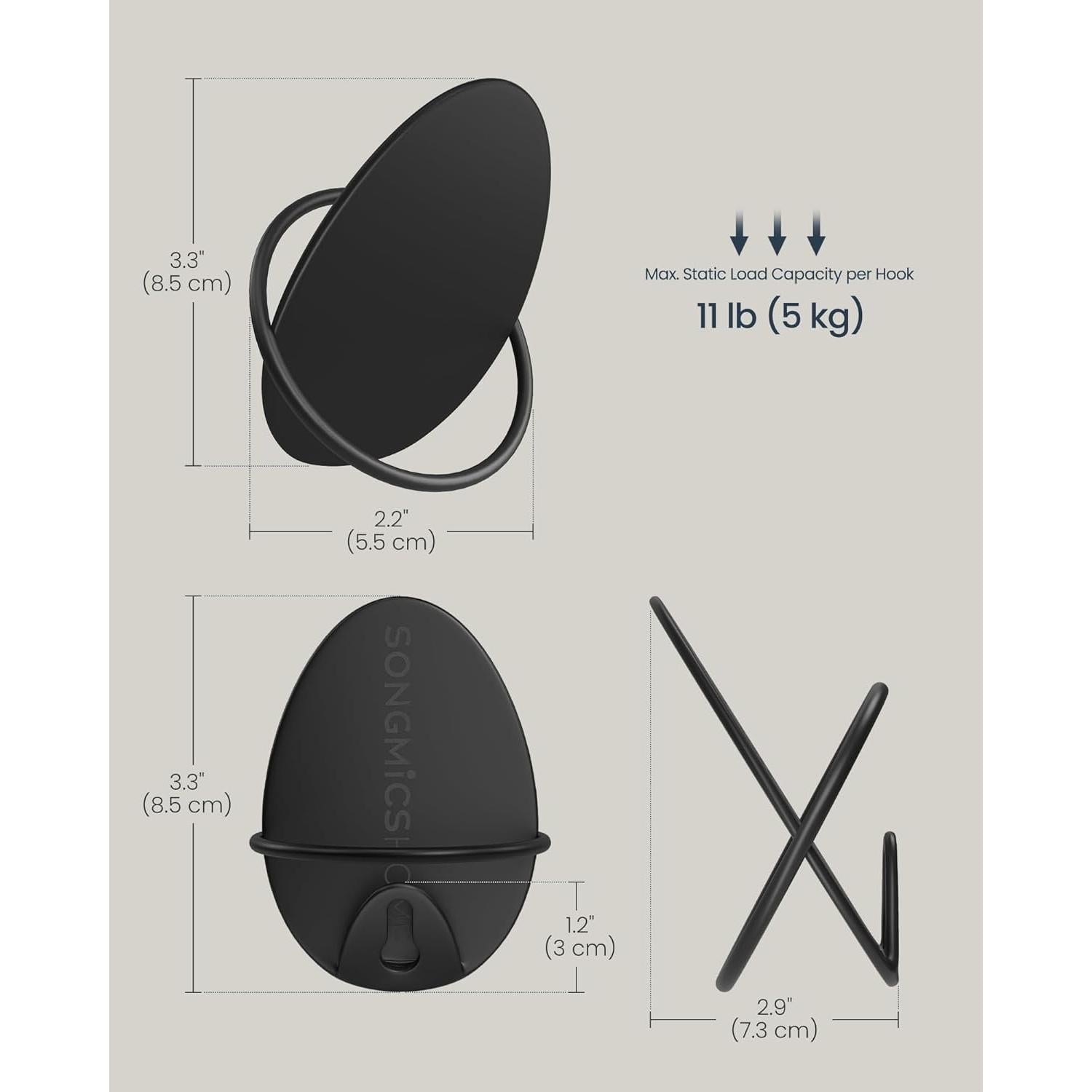 Set od 4 zidne kuke, vješalice, dimenzije 5.5 x 7.3 x 8.5 cm po proizvodu, crne | SONGMICS-vitahome.hr