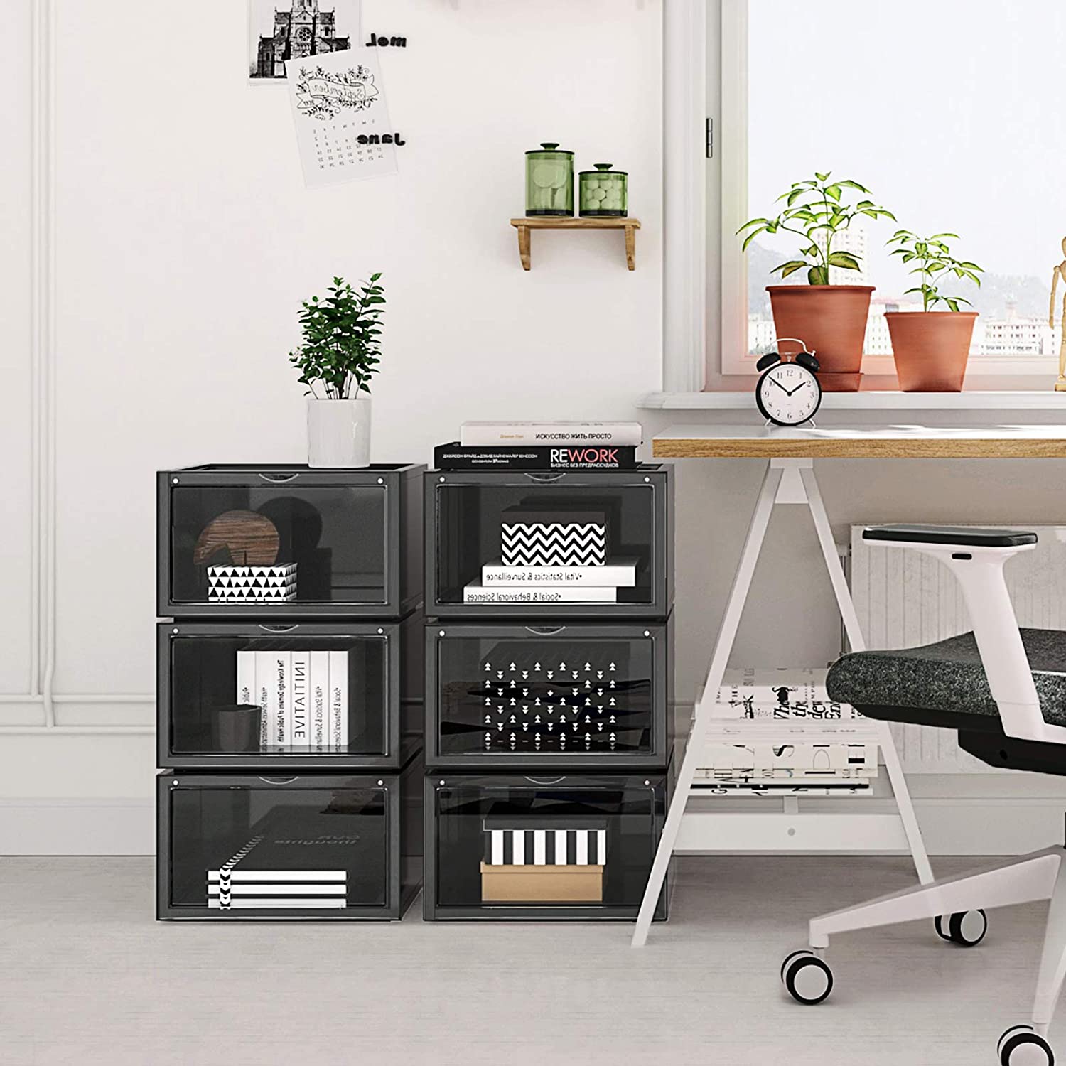 Set od 6 kutija za cipele, kutije za pohranu koje se mogu složiti, crne- prozirne | SONGMICS-vitahome.hr