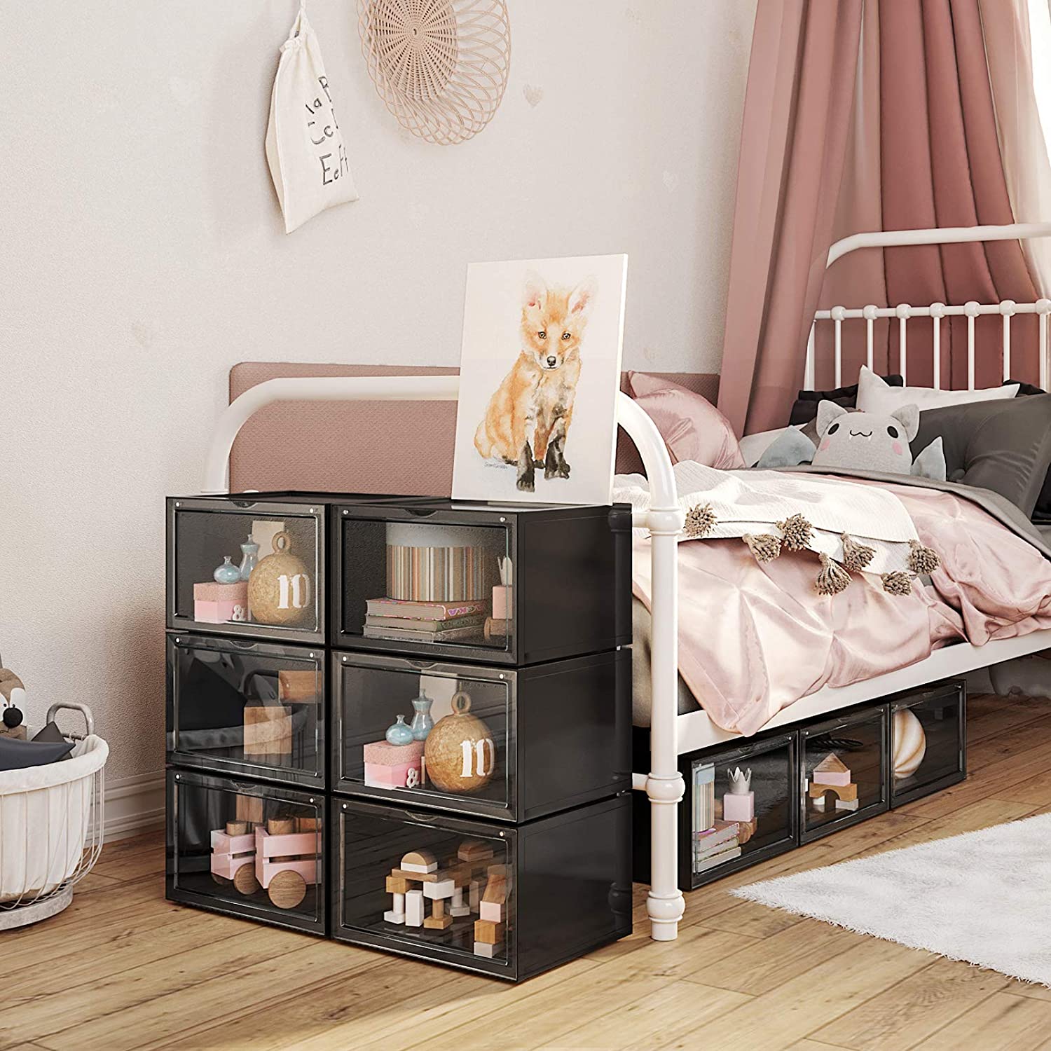 Set od 6 kutija za cipele, kutije za pohranu koje se mogu složiti, crne- prozirne | SONGMICS-vitahome.hr