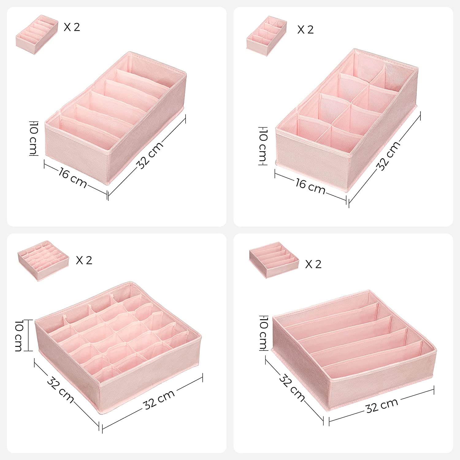 Set od 8 organizatora ladica, sklopive kutije od tkanine različitih dimenzija, roze | SONGMICS-vitahome.hr