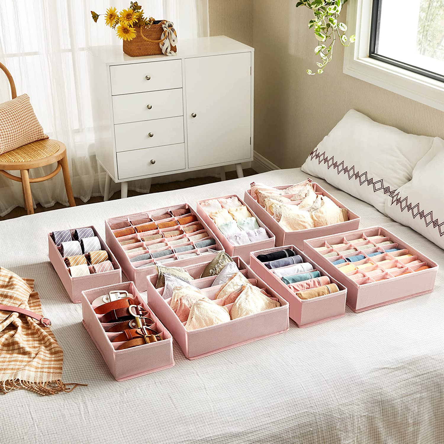 Set od 8 organizatora ladica, sklopive kutije od tkanine različitih dimenzija, roze | SONGMICS-vitahome.hr