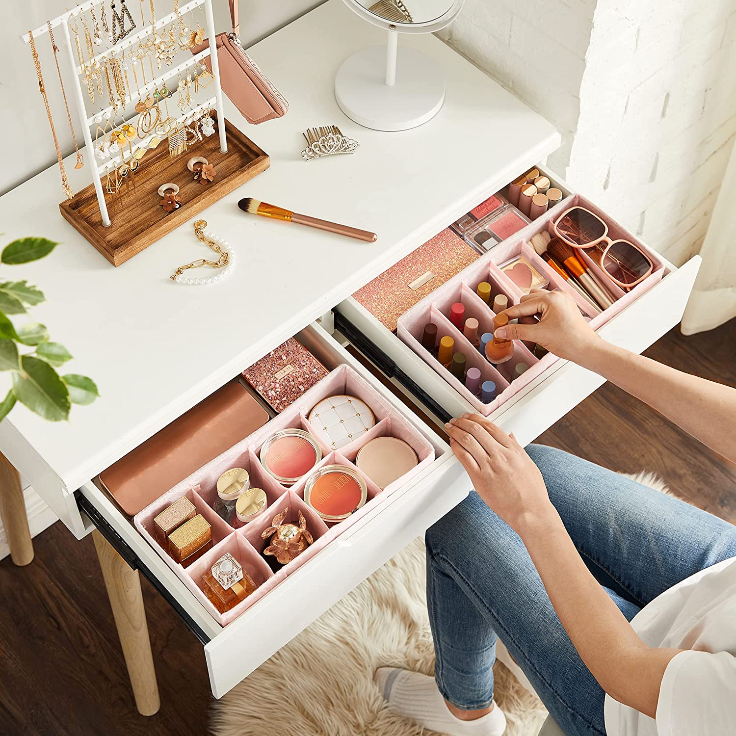 Set od 8 organizatora ladica, sklopive kutije od tkanine različitih dimenzija, roze | SONGMICS-vitahome.hr