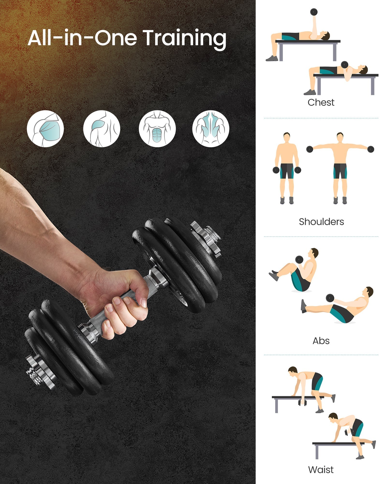 set ručnih utega 2 u 1, s podesivim težinama od 15 kg, crni