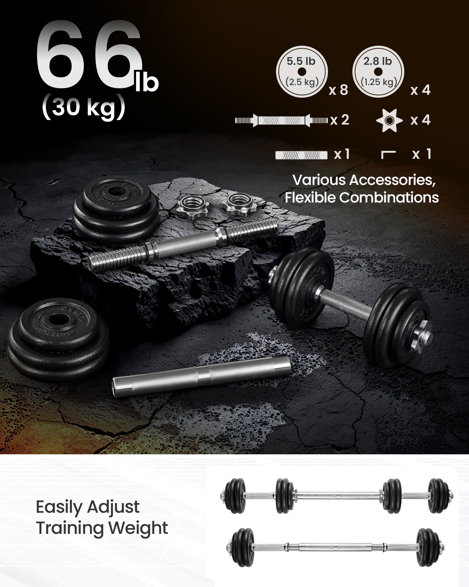 set ručnih utega 2 u 1, s podesivim težinama od 15 kg, crni