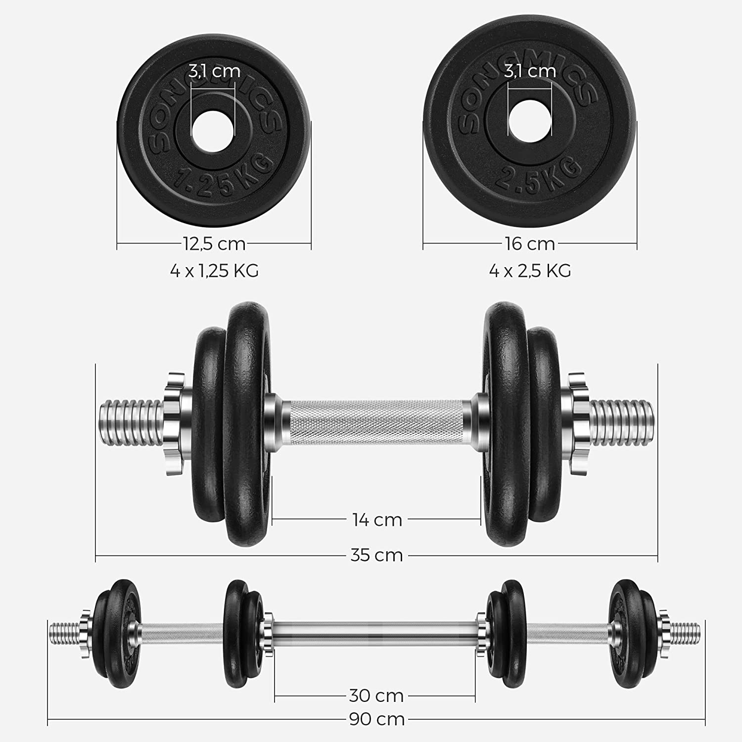 Set utega, podesiv od lijevanog željeza, s dodatnom šipkom za utege, 20 kg | SONGMICS-vitahome.hr