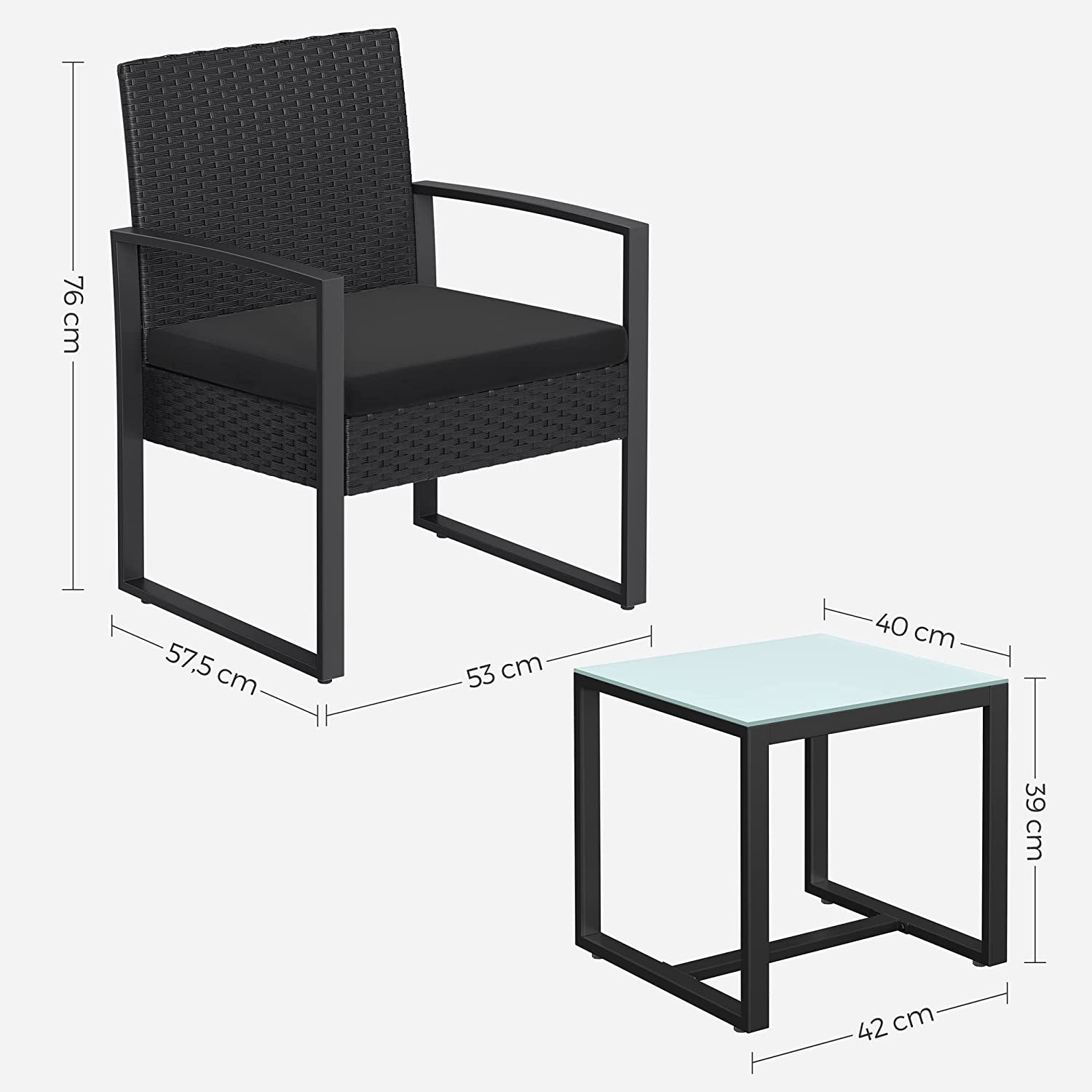 Set vrtnog namještaja, 53 x 76 x 57,5 cm, crni