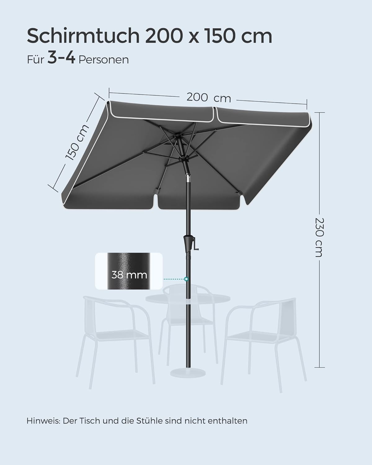 Sivi balkon suncobran 200 × 150 cm, pravokutni, s UPF 50+ zaštitom od sunca, bez baze