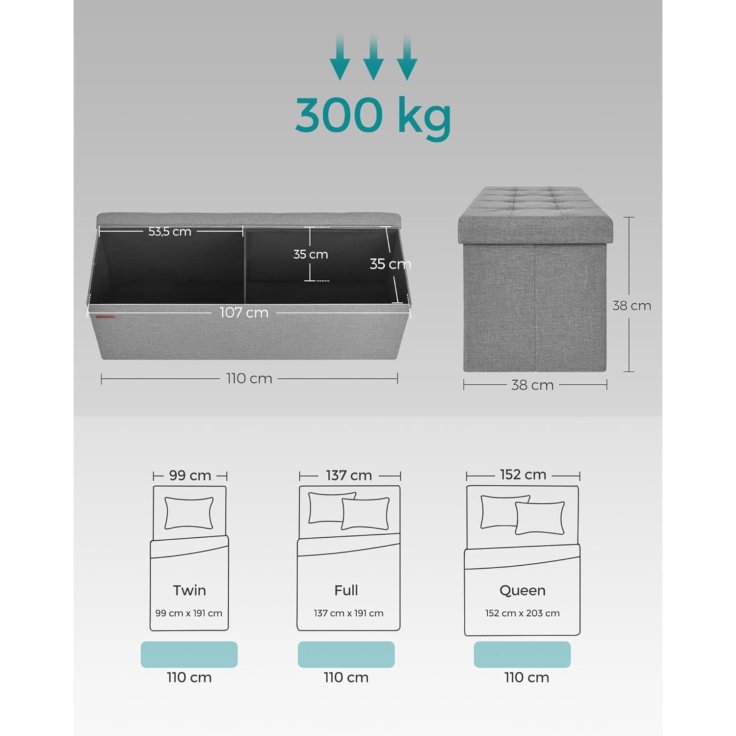 Skladišna klupa nosivosti do 300 kg, 110 x 38 x 38 cm, svijetlo siva | SONGMICS-vitahome.hr