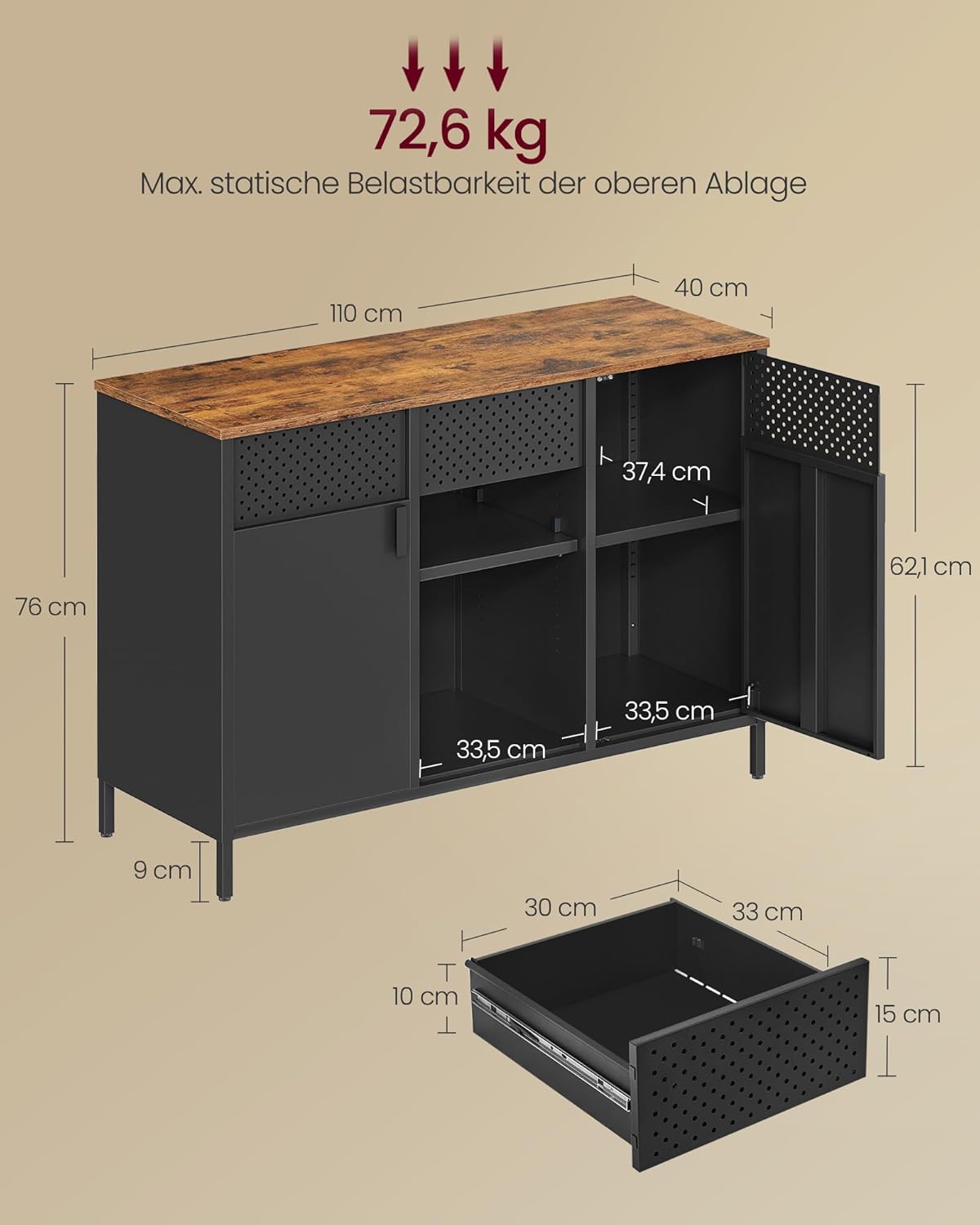 Skladišni ormar, metalni ormar, 40 x 110 x 76 cm, vintage smeđa, mat crna