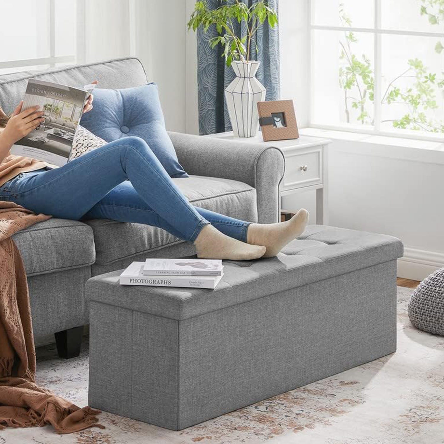 Sklopiva klupa za odlaganje kapaciteta 120 L, 110 x 38 x 38 cm, svijetlo siva | SONGMICS-vitahome.hr