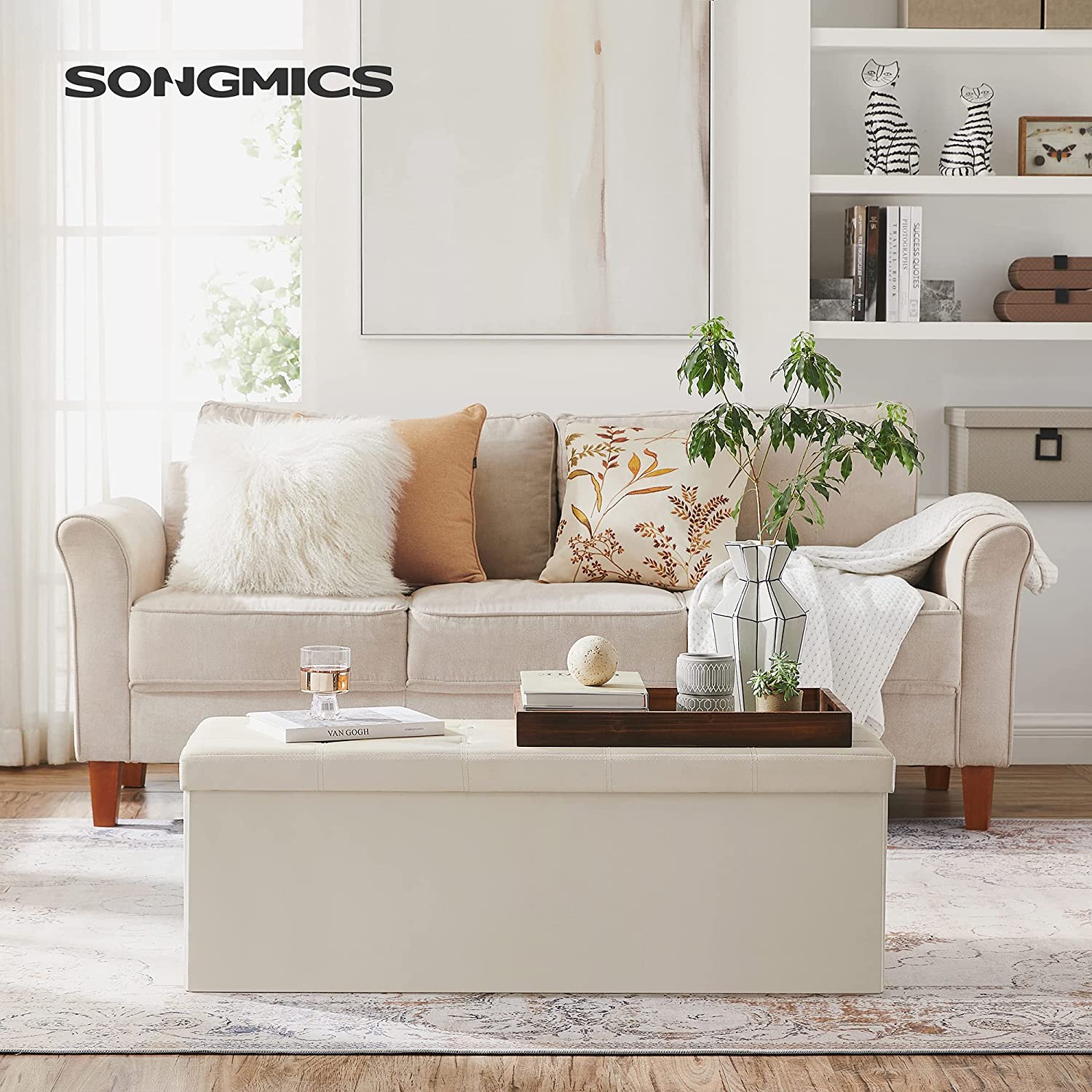 sklopiva klupa za odlaganje, nosivost 300 kg, umjetna koža, bež 110 x 38 x 38 cm | SONGMICS-vitahome.hr