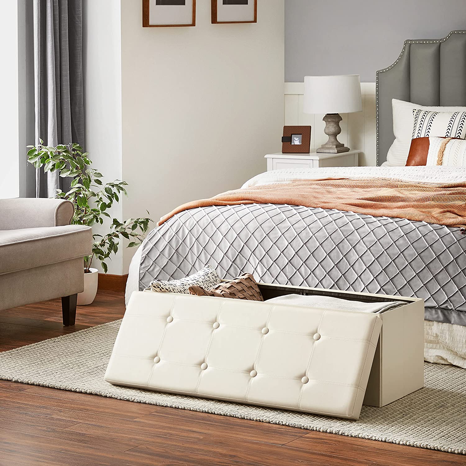 sklopiva klupa za odlaganje, nosivost 300 kg, umjetna koža, bež 110 x 38 x 38 cm | SONGMICS-vitahome.hr