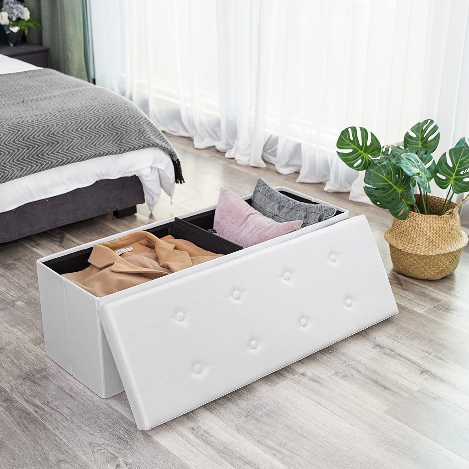 Sklopiva klupa za odlaganje od umjetne kože, 110 x 38 x 38 cm, bijela | SONGMICS-vitahome.hr
