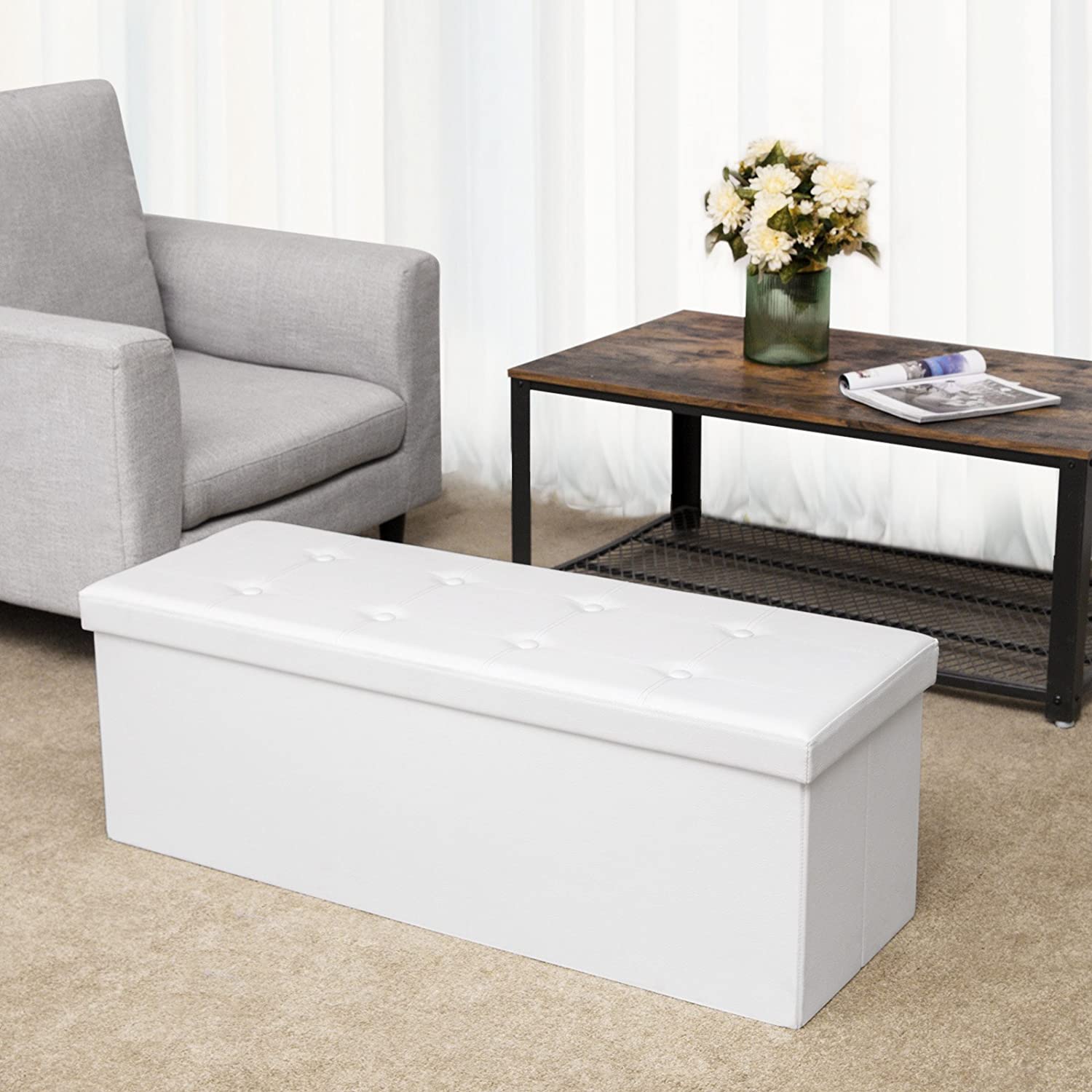 Sklopiva klupa za odlaganje od umjetne kože, 110 x 38 x 38 cm, bijela | SONGMICS-vitahome.hr