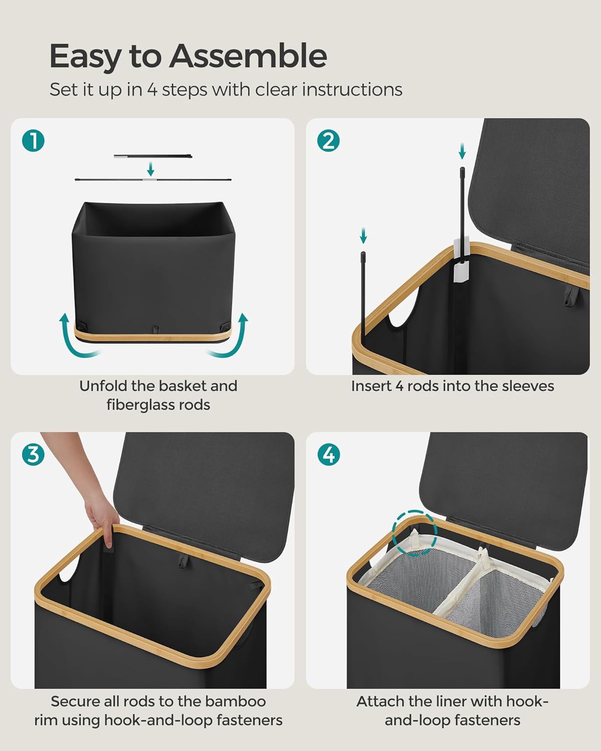 Sklopiva košara za rublje s 2 odjeljka, 130 l,52 x 38,5 x 70,5 cm, crna | SONGMICS-SONGMICS-Vita Home