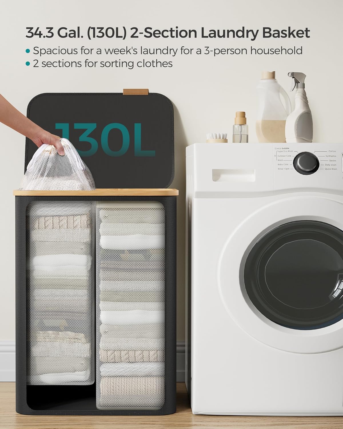 Sklopiva košara za rublje s 2 odjeljka, 130 l,52 x 38,5 x 70,5 cm, crna | SONGMICS-SONGMICS-Vita Home