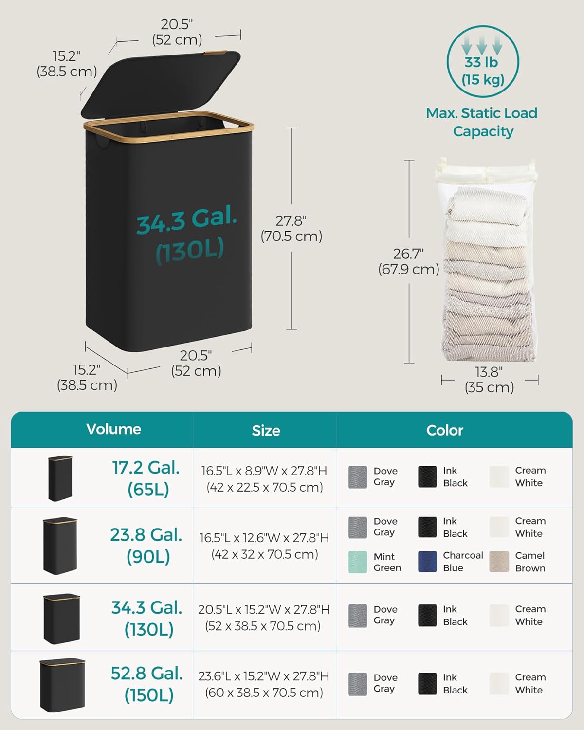 Sklopiva košara za rublje s 2 odjeljka, 130 l,52 x 38,5 x 70,5 cm, crna | SONGMICS-vitahome.hr