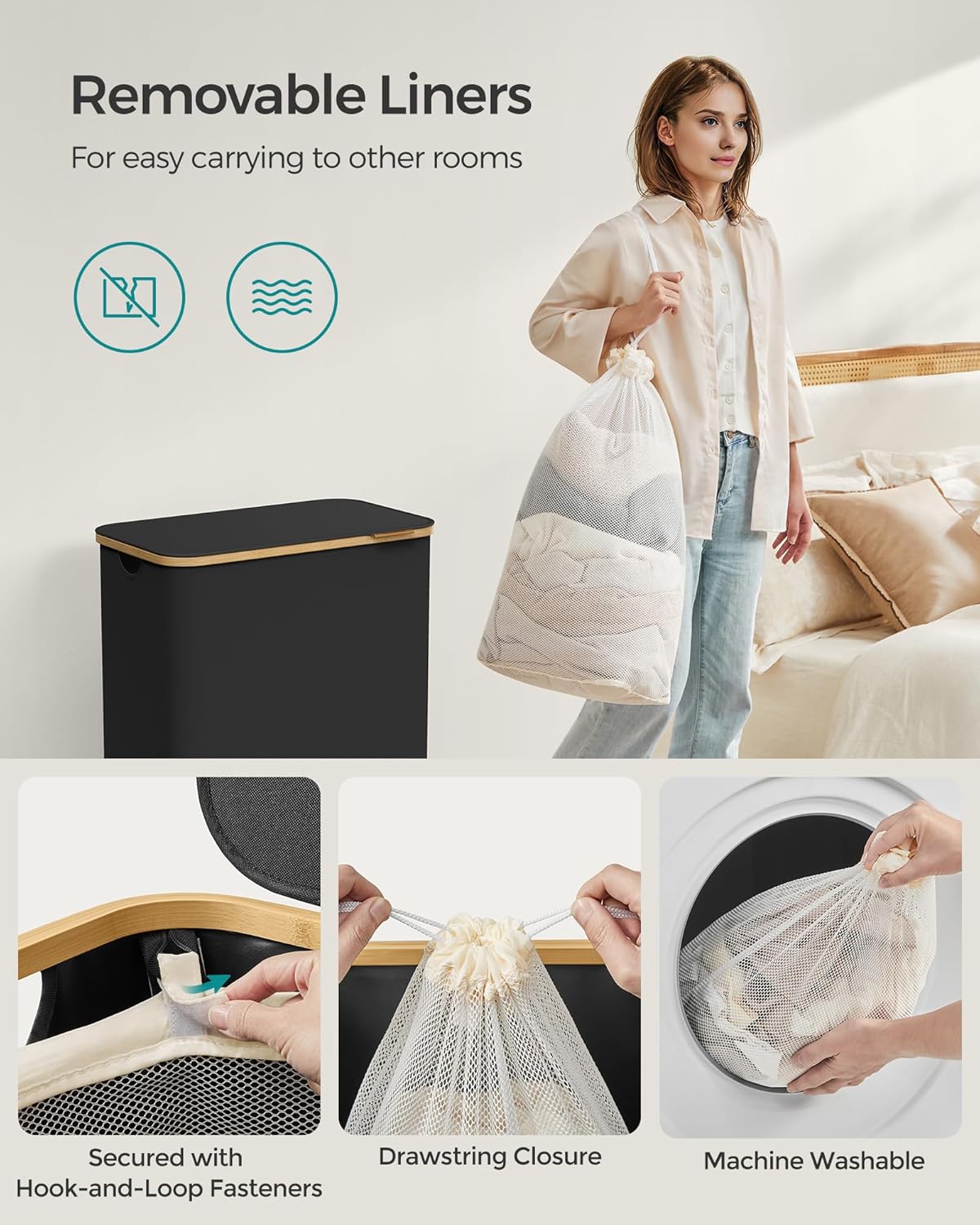 Sklopiva košara za rublje s 2 odjeljka, 130 l,52 x 38,5 x 70,5 cm, crna | SONGMICS-SONGMICS-Vita Home