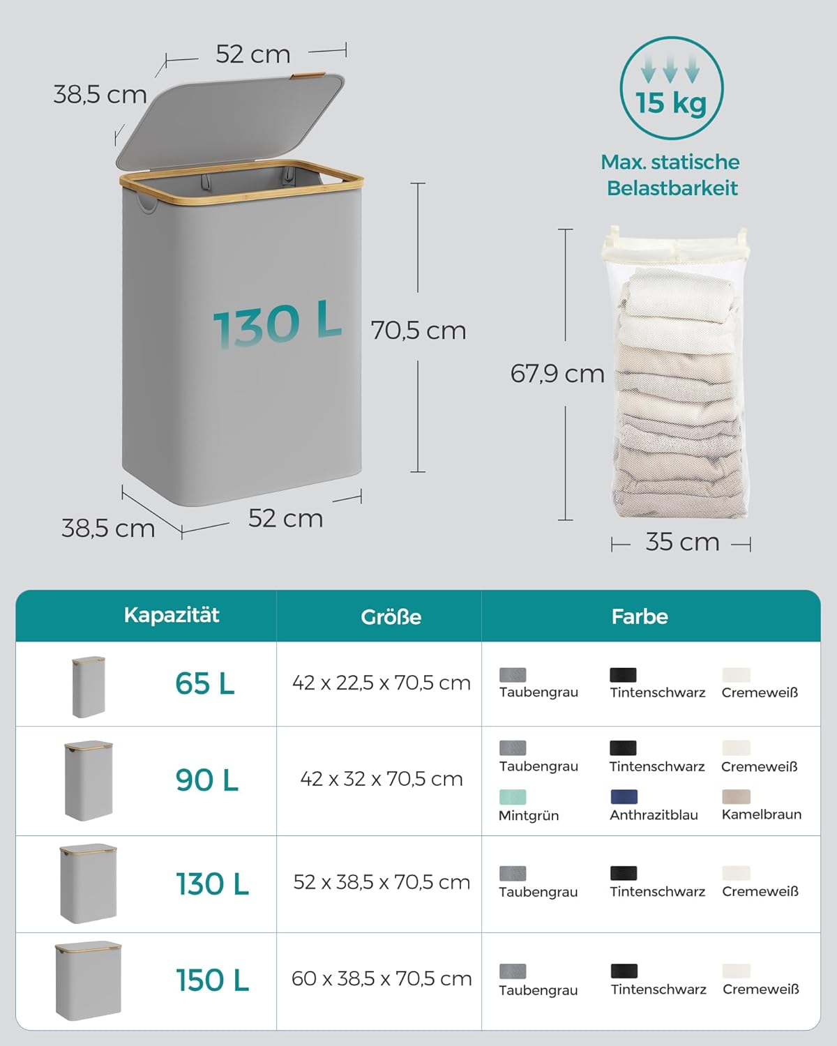 Sklopiva košara za rublje s 2 odjeljka, 130 l,52 x 38,5 x 70,5 cm, siva | SONGMICS-vitahome.hr