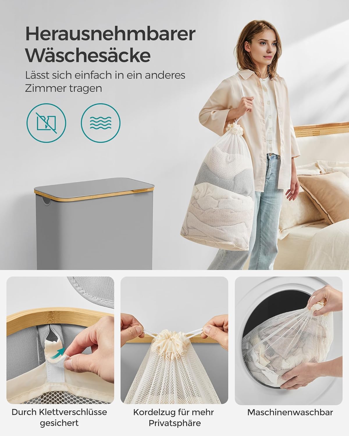 Sklopiva košara za rublje s 2 odjeljka, 130 l,52 x 38,5 x 70,5 cm, siva | SONGMICS-vitahome.hr