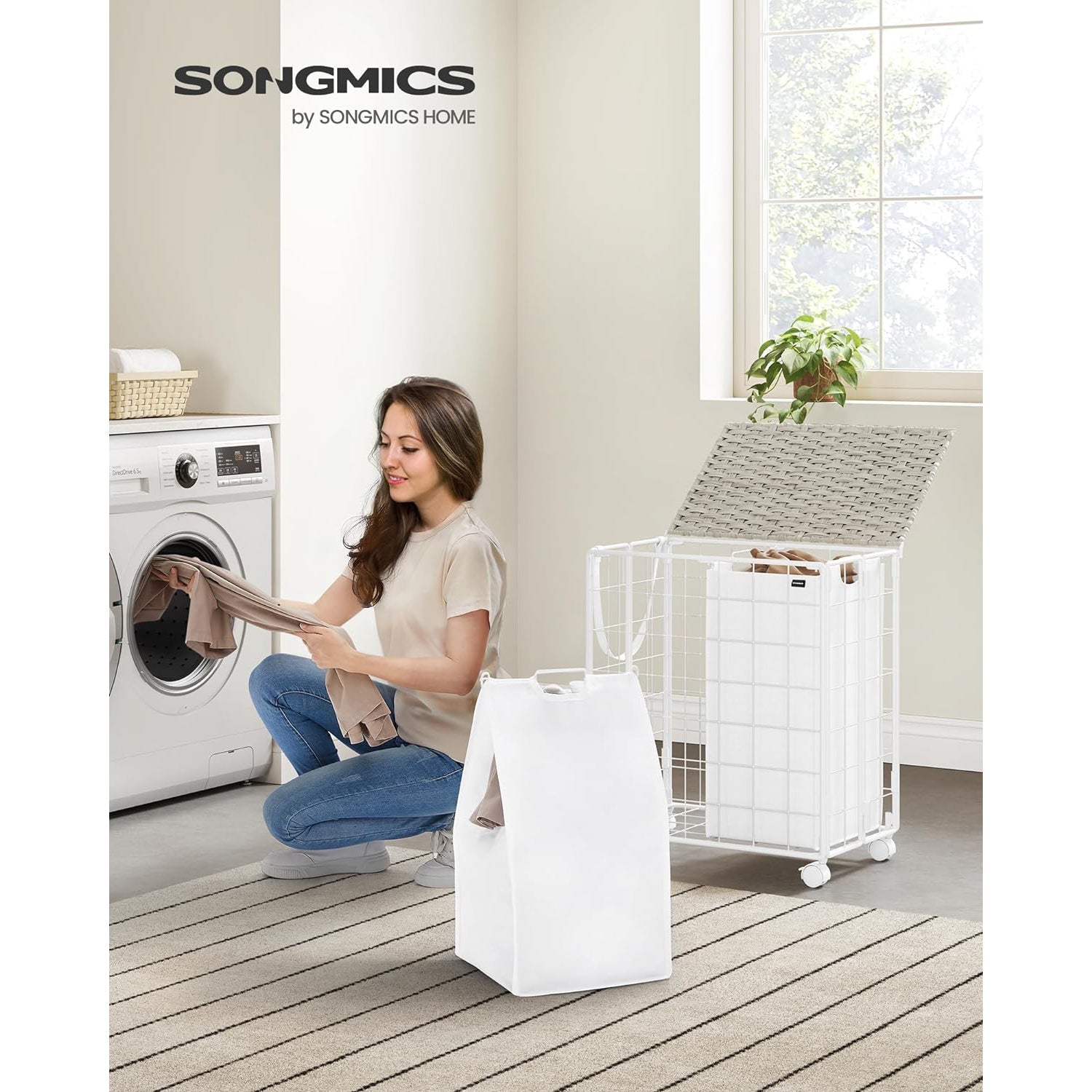 Sklopiva košara za rublje s 2 odjeljka i kotačima, 110 L, bijela boja | SONGMICS-vitahome.hr