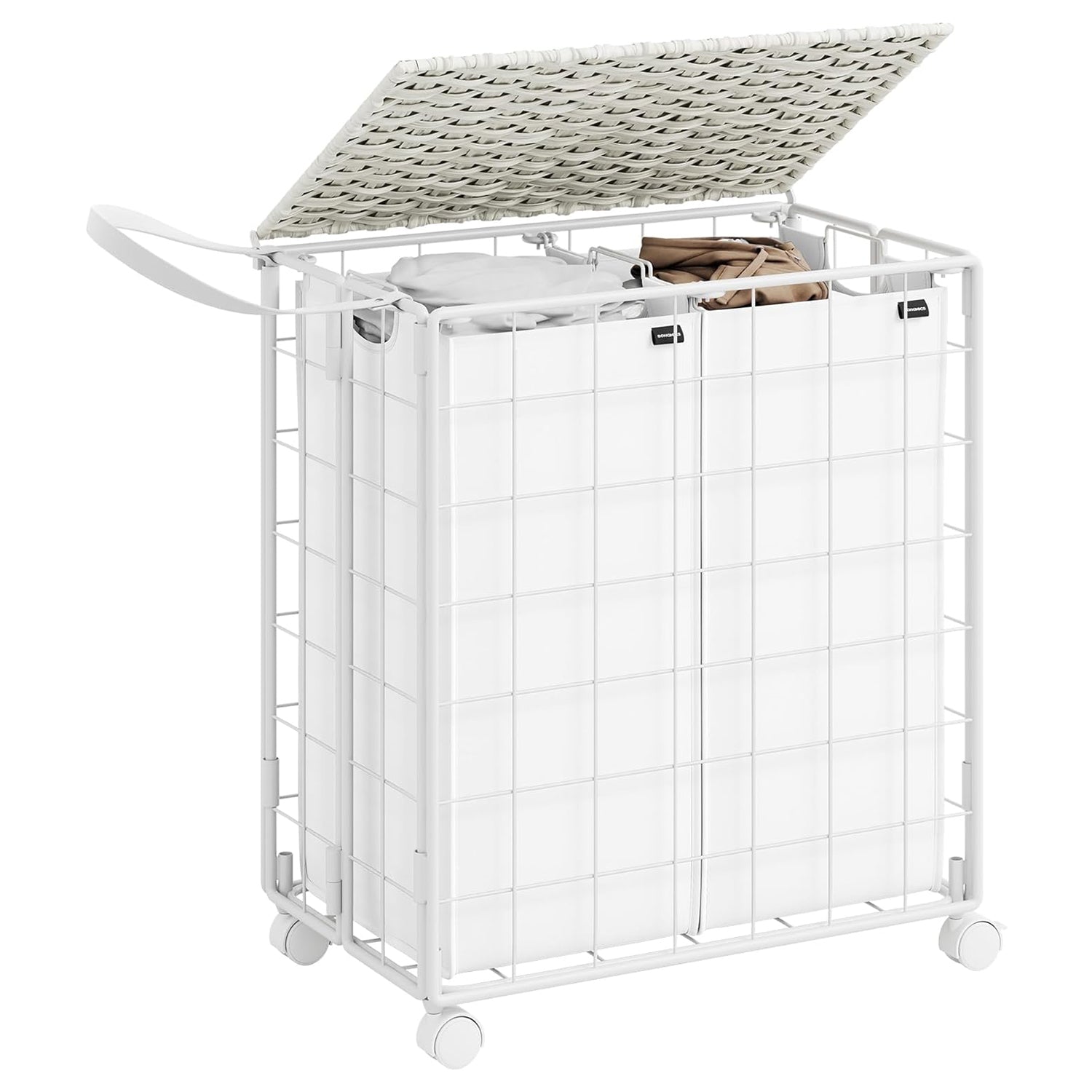 Sklopiva košara za rublje s 2 odjeljka i kotačima, 110 L, bijela boja | SONGMICS-vitahome.hr