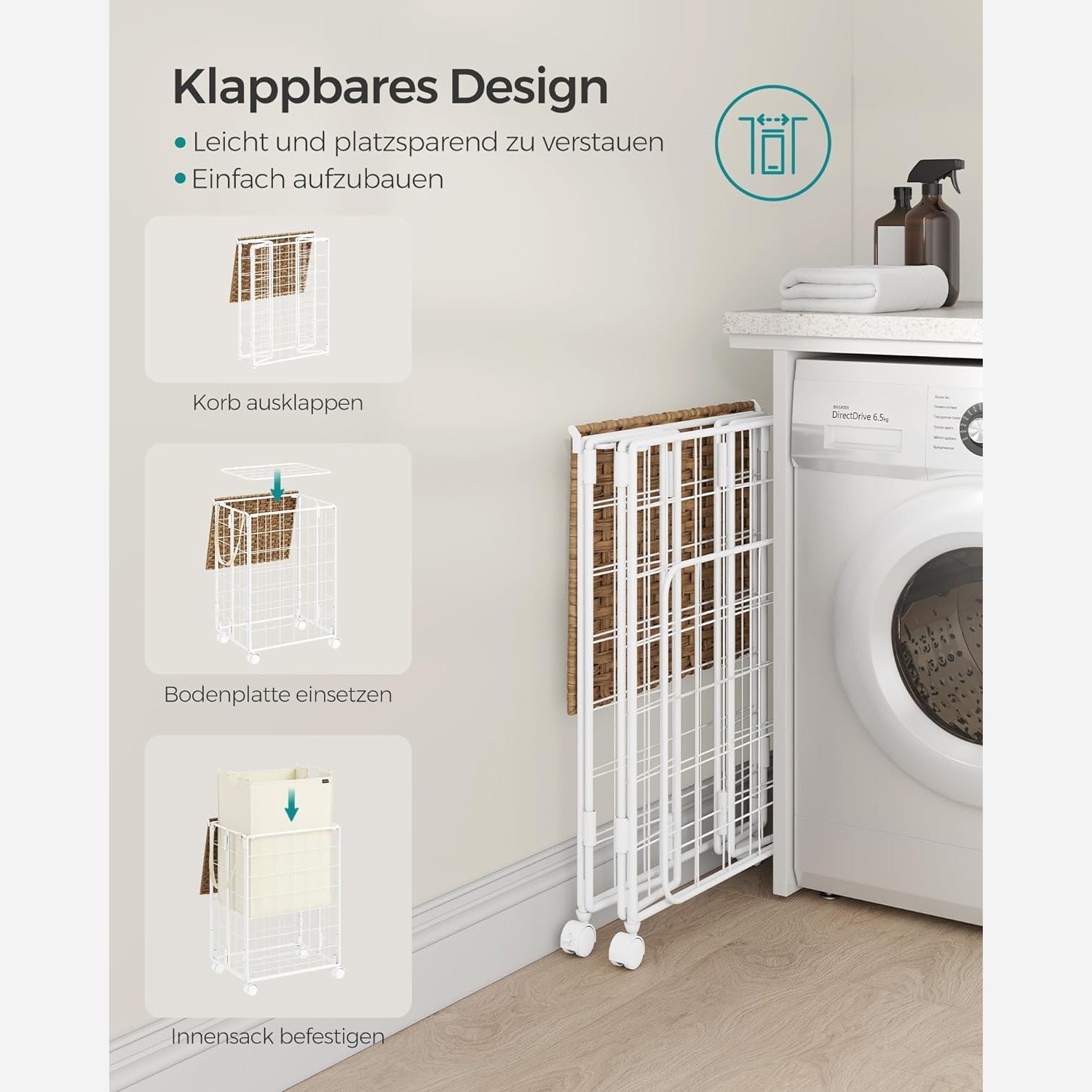 Sklopiva kosara za rublje sa kotacima i poklopcem, 90 L, bež-krem boja | SONGMICS-vitahome.hr