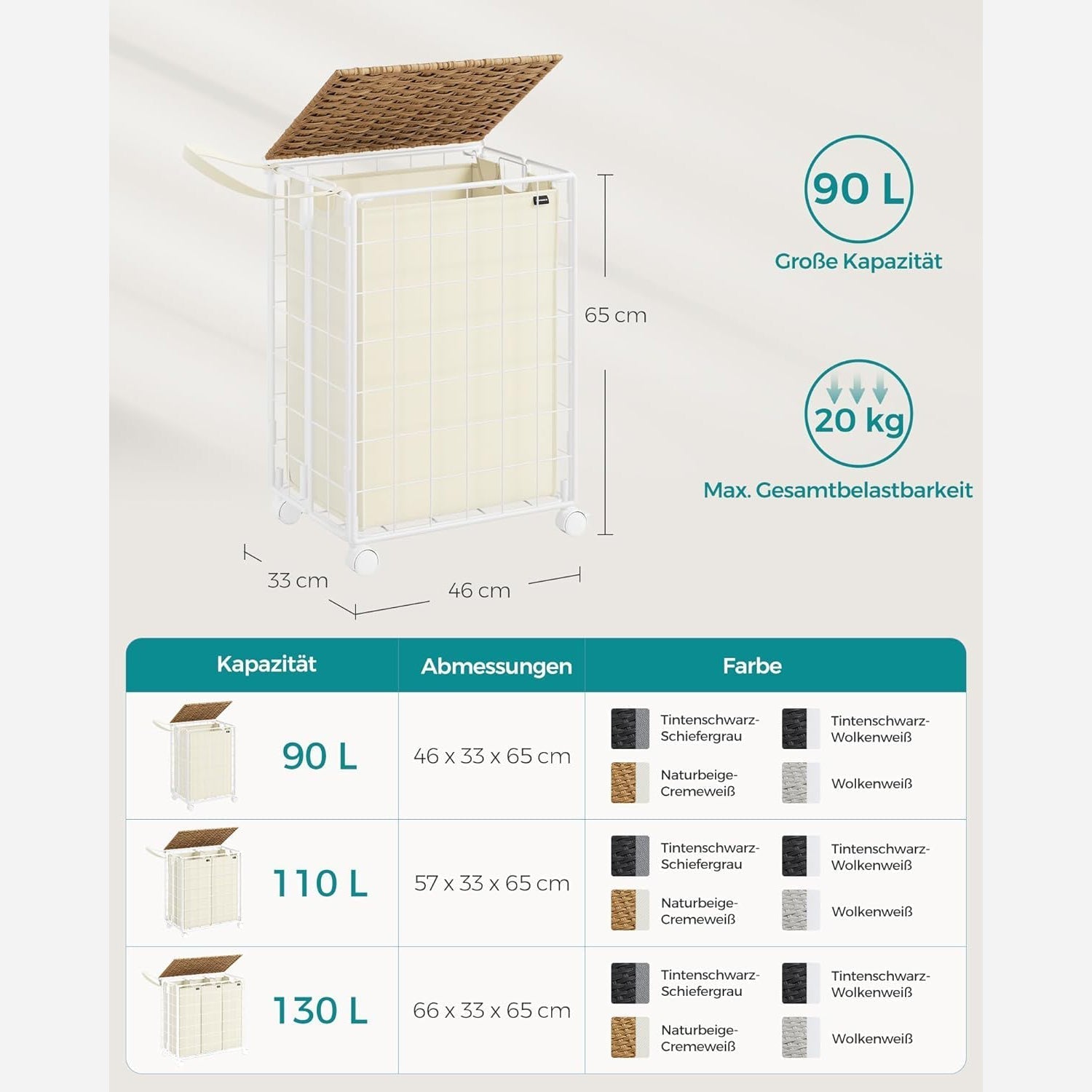 Sklopiva kosara za rublje sa kotacima i poklopcem, 90 L, bež-krem boja | SONGMICS-vitahome.hr