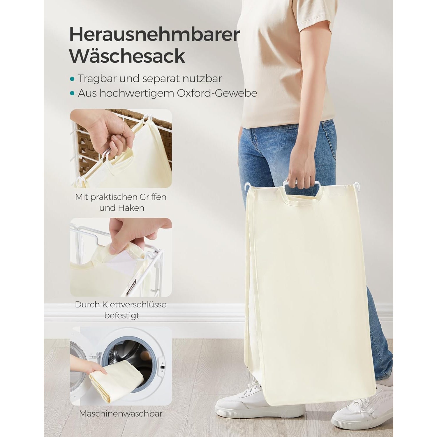 Sklopiva kosara za rublje sa kotacima i poklopcem, 90 L, bež-krem boja | SONGMICS-vitahome.hr