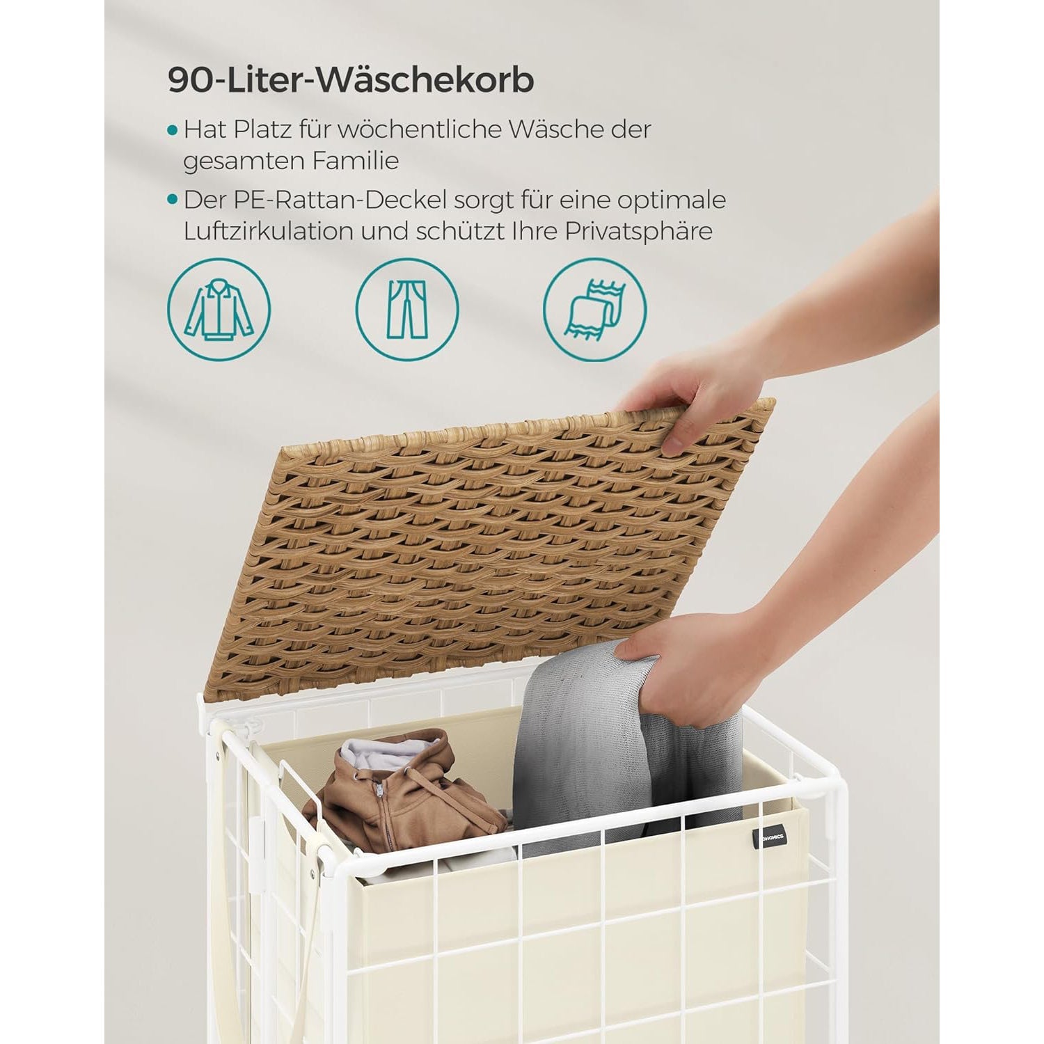 Sklopiva kosara za rublje sa kotacima i poklopcem, 90 L, bež-krem boja | SONGMICS-vitahome.hr