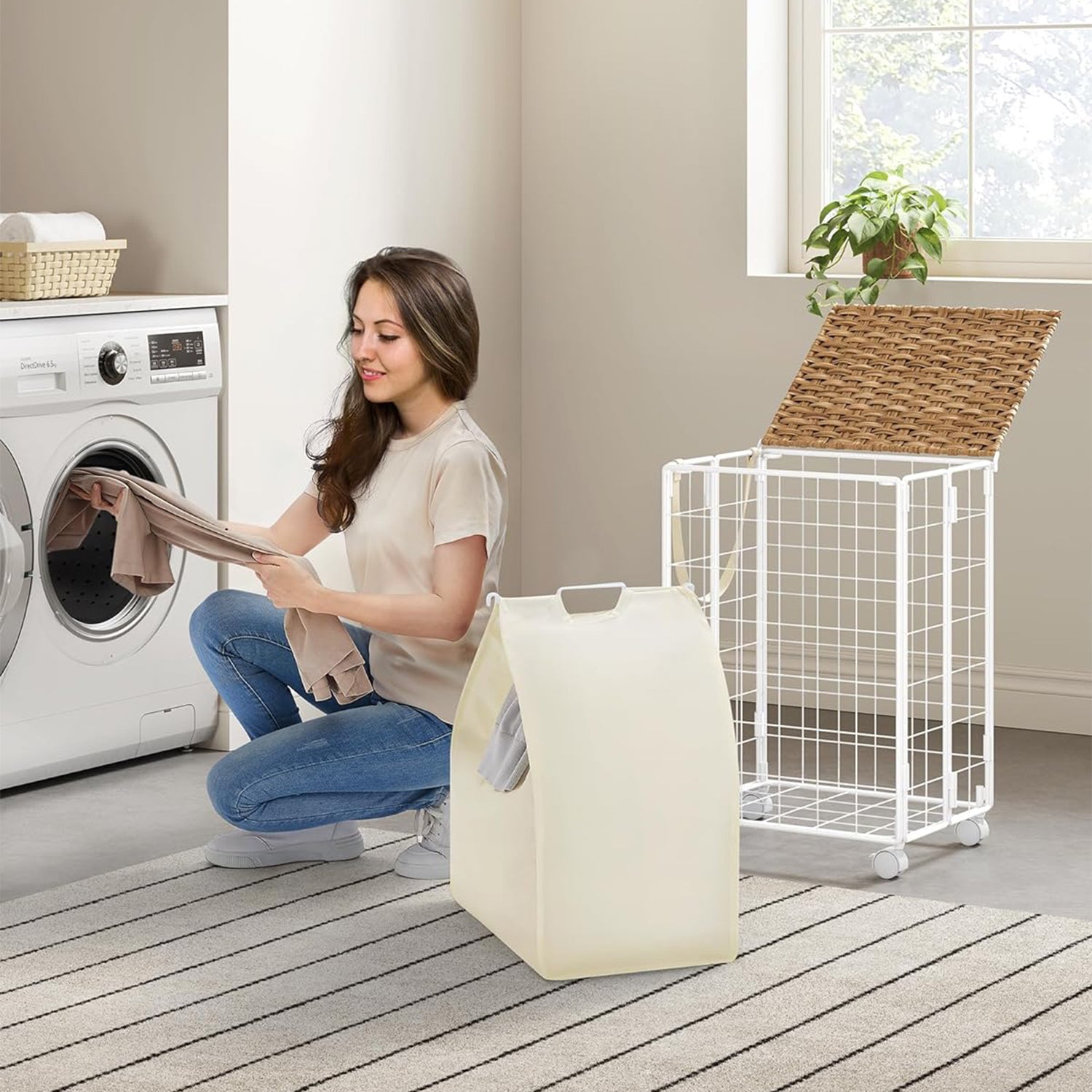 Sklopiva kosara za rublje sa kotacima i poklopcem, 90 L, bež-krem boja | SONGMICS-vitahome.hr