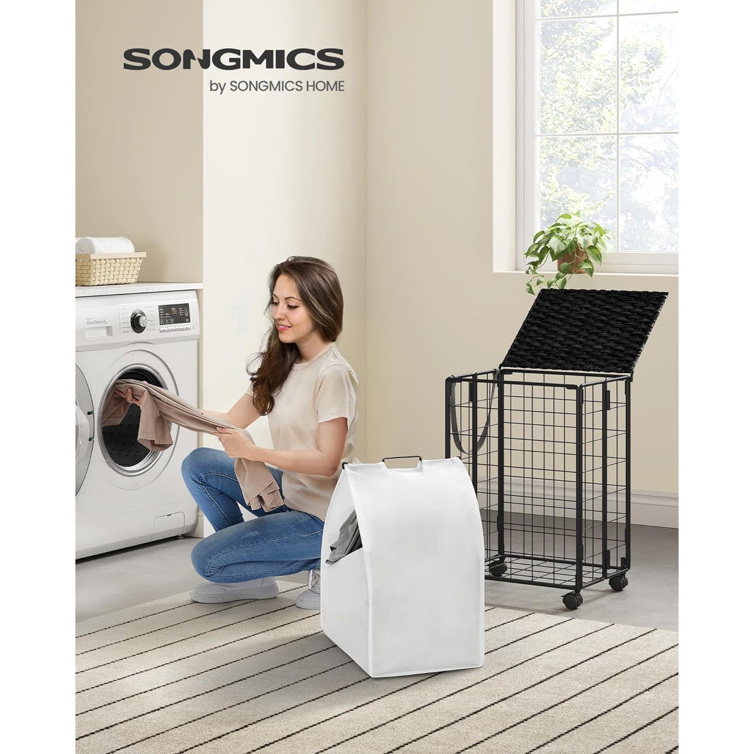 Sklopiva košara za rublje sa kotačima i poklopcem, 90 L, crno-bijela boja | SONGMICS-vitahome.hr