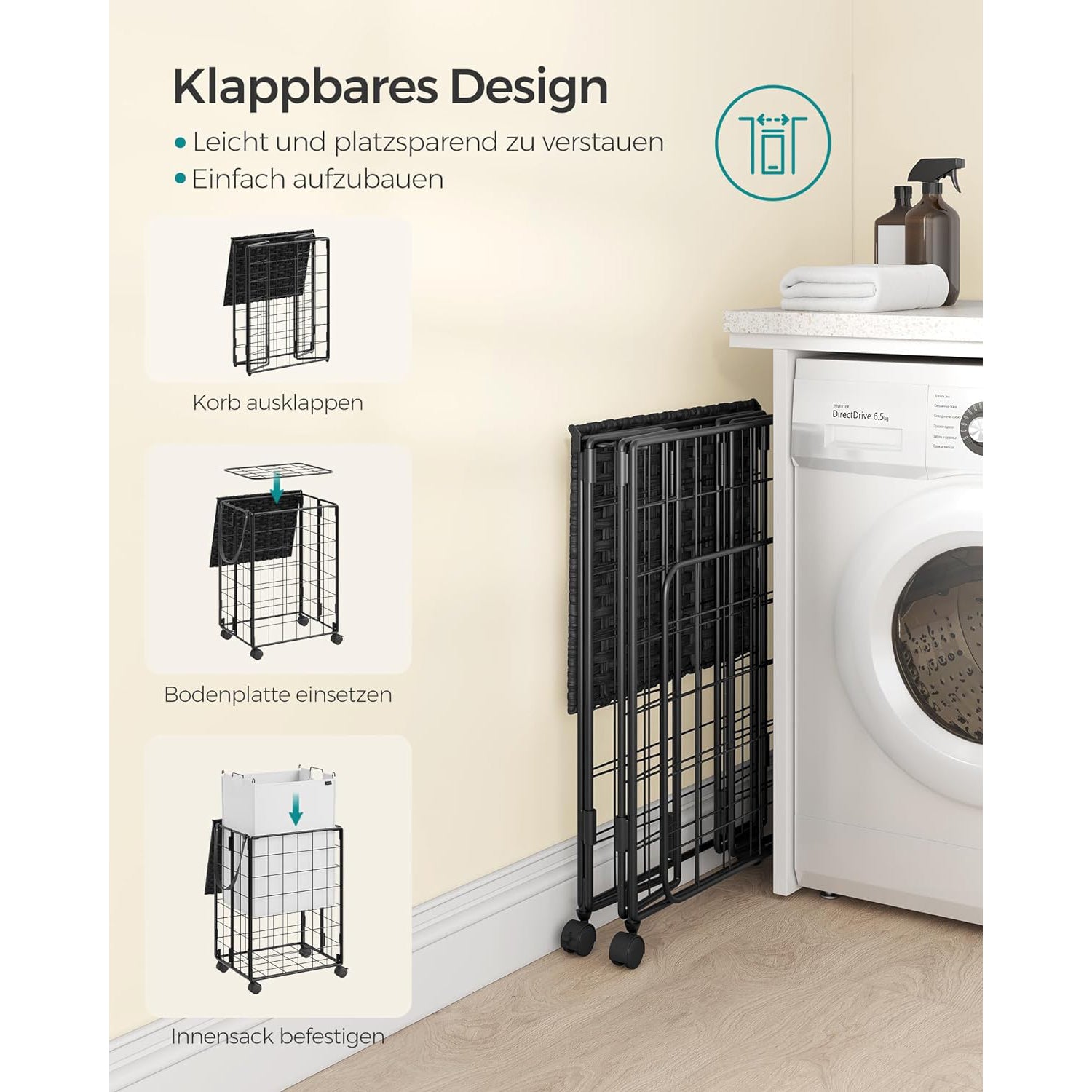 Sklopiva košara za rublje sa kotačima i poklopcem, 90 L, crno-bijela boja | SONGMICS-vitahome.hr