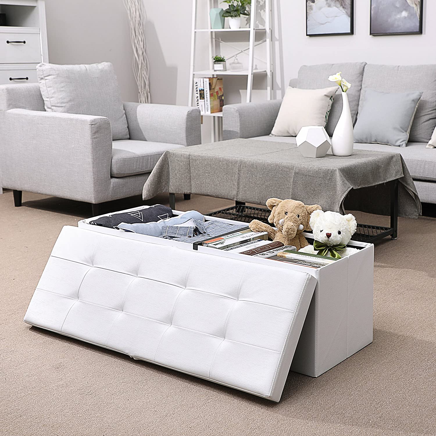 Sklopiva kutija za sjedenje, klupa za odlaganje 120L, 110 x 38 x 38 cm, bijela | SONGMICS-vitahome.hr