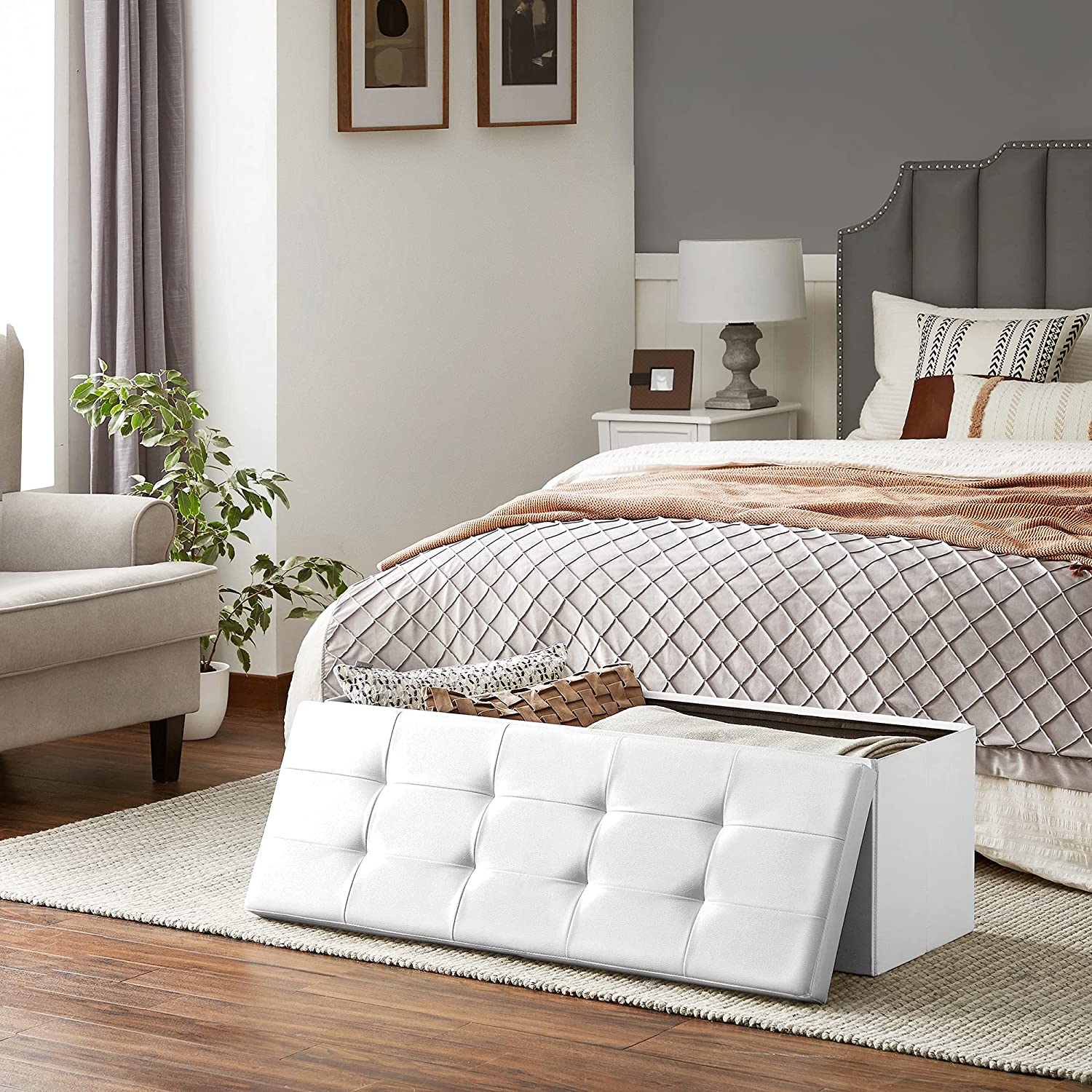 Sklopiva kutija za sjedenje, klupa za odlaganje 120L, 110 x 38 x 38 cm, bijela | SONGMICS-vitahome.hr