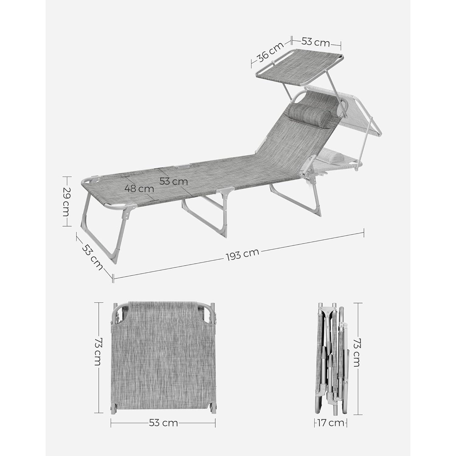 Sklopiva ležaljka s tendom 53x193x29,5 cm, nosivost do 150 kg, svijetlo siva | SONGMICS-vitahome.hr