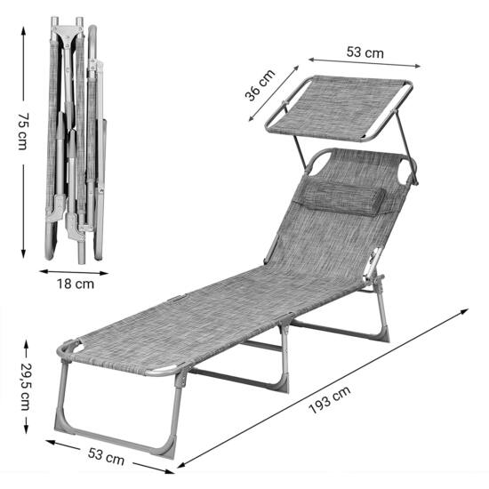 Sklopiva ležaljka s tendom 53x193x29,5 cm, nosivost do 150 kg, svijetlo siva | SONGMICS-vitahome.hr