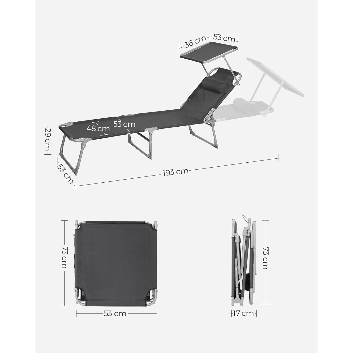 Sklopiva ležaljka s tendom 53x193x29,5 cm, nosivost do 150 kg, tamno siva | SONGMICS-vitahome.hr