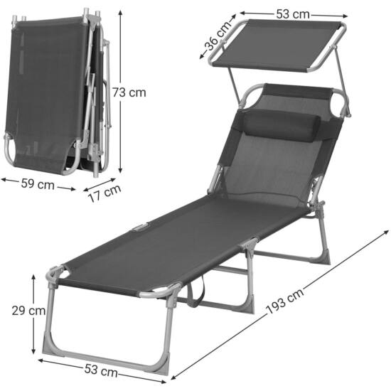 Sklopiva ležaljka s tendom 53x193x29,5 cm, nosivost do 150 kg, tamno siva | SONGMICS-vitahome.hr