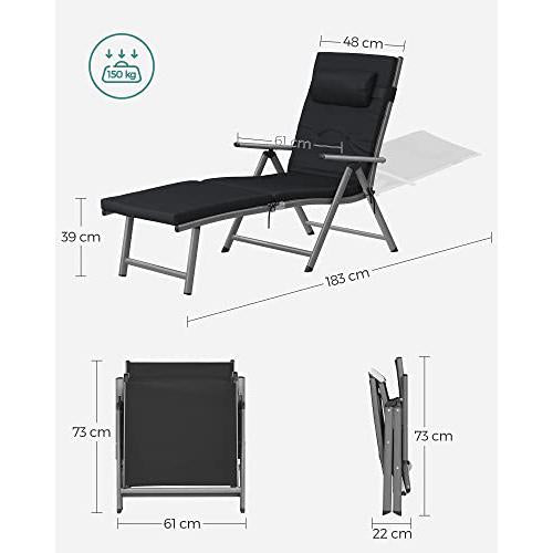 Sklopiva ležaljka za sunčanje s odvojivim jastukom, nosivosti do 150 kg, crna | SONGMICS-vitahome.hr