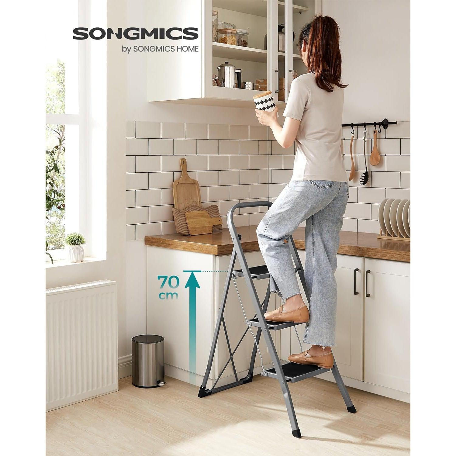 Sklopive ljestve s 3 stepenice, sivo-crne | SONGMICS-vitahome.hr